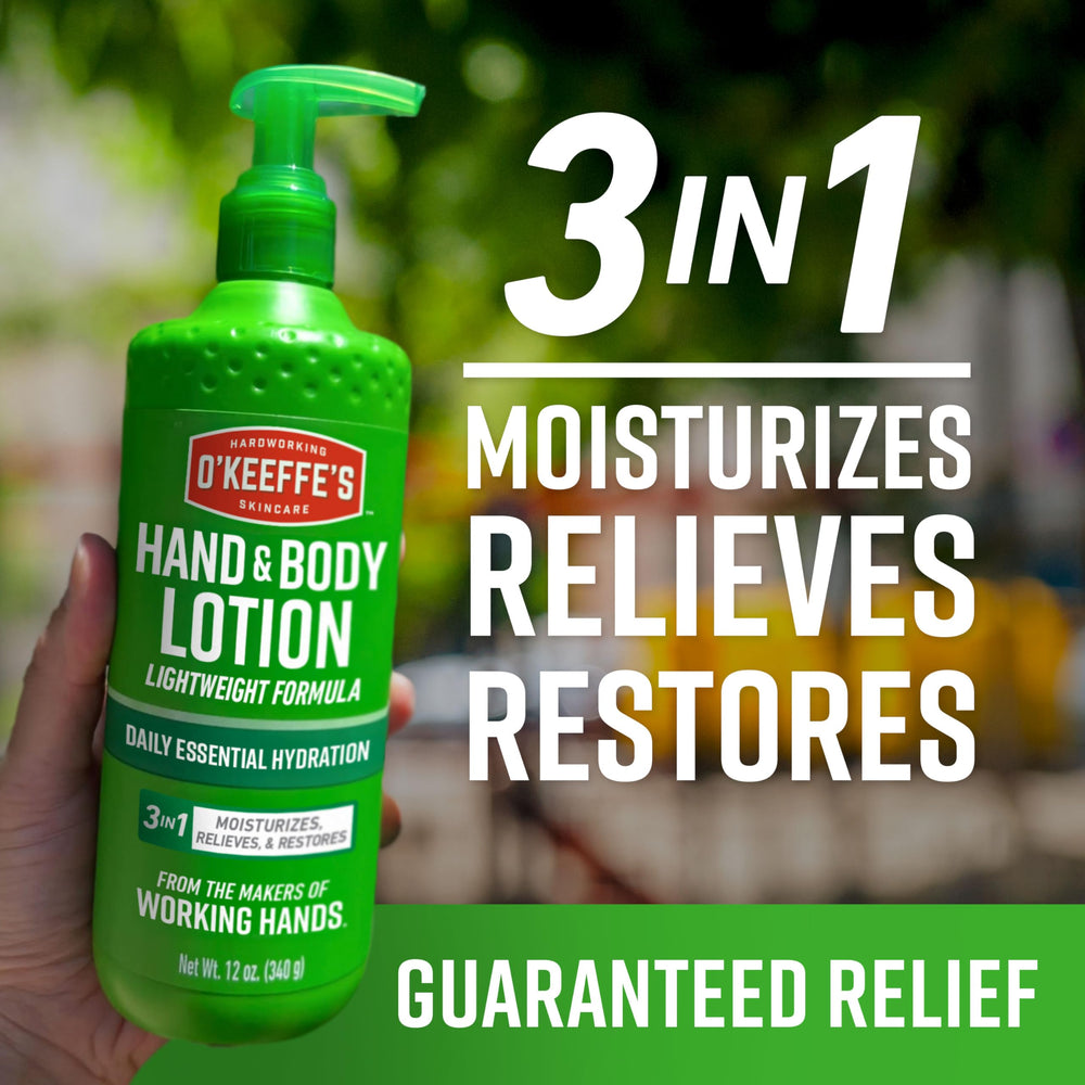 Hands applying O'Keeffe's lotion, targeting dry skin areas for relief.