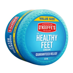 O'Keeffe's Healthy Feet foot cream in a jar ready to moisturize dry feet.