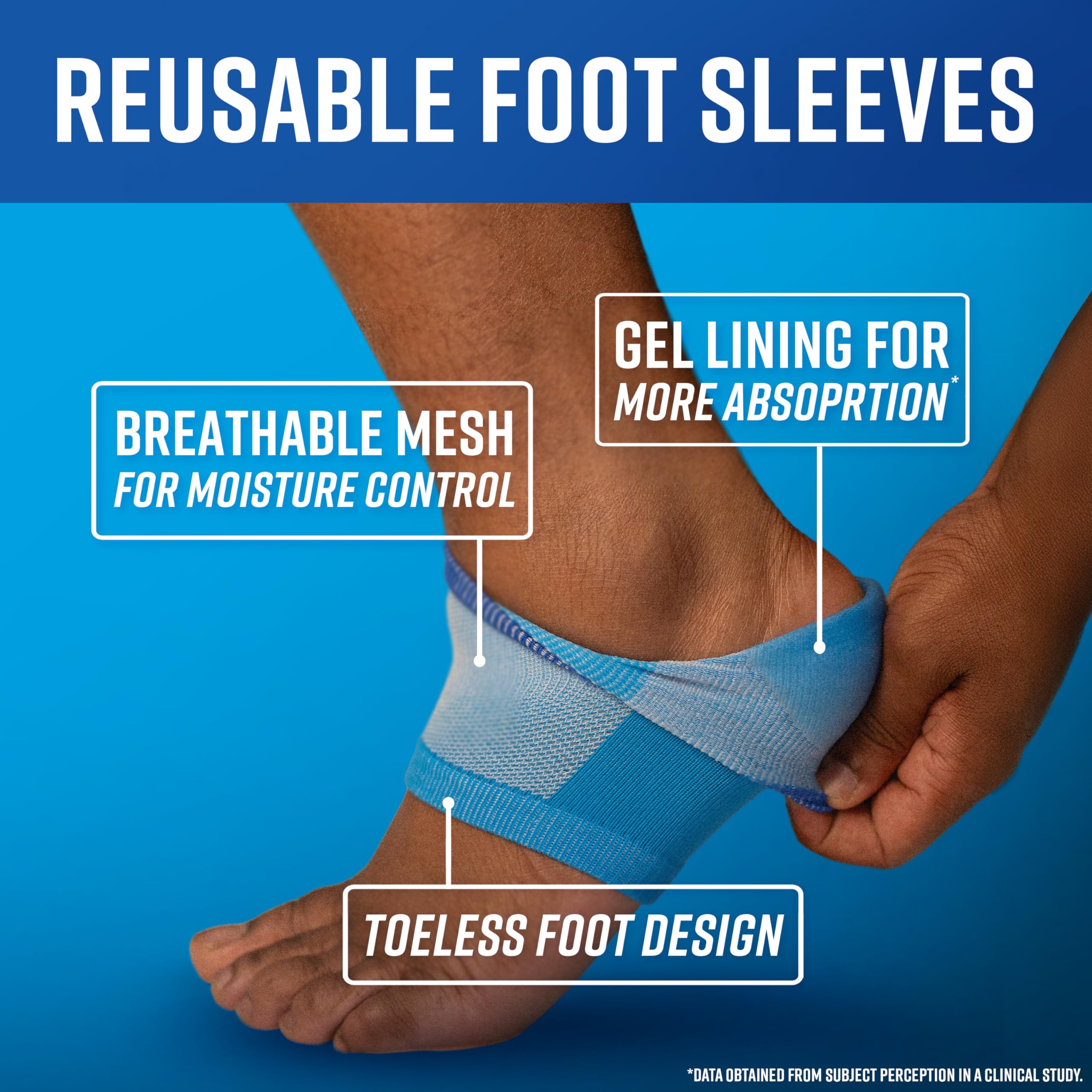 Open-toe gel-lined sleeves worn on feet for breathable, comfortable treatment.