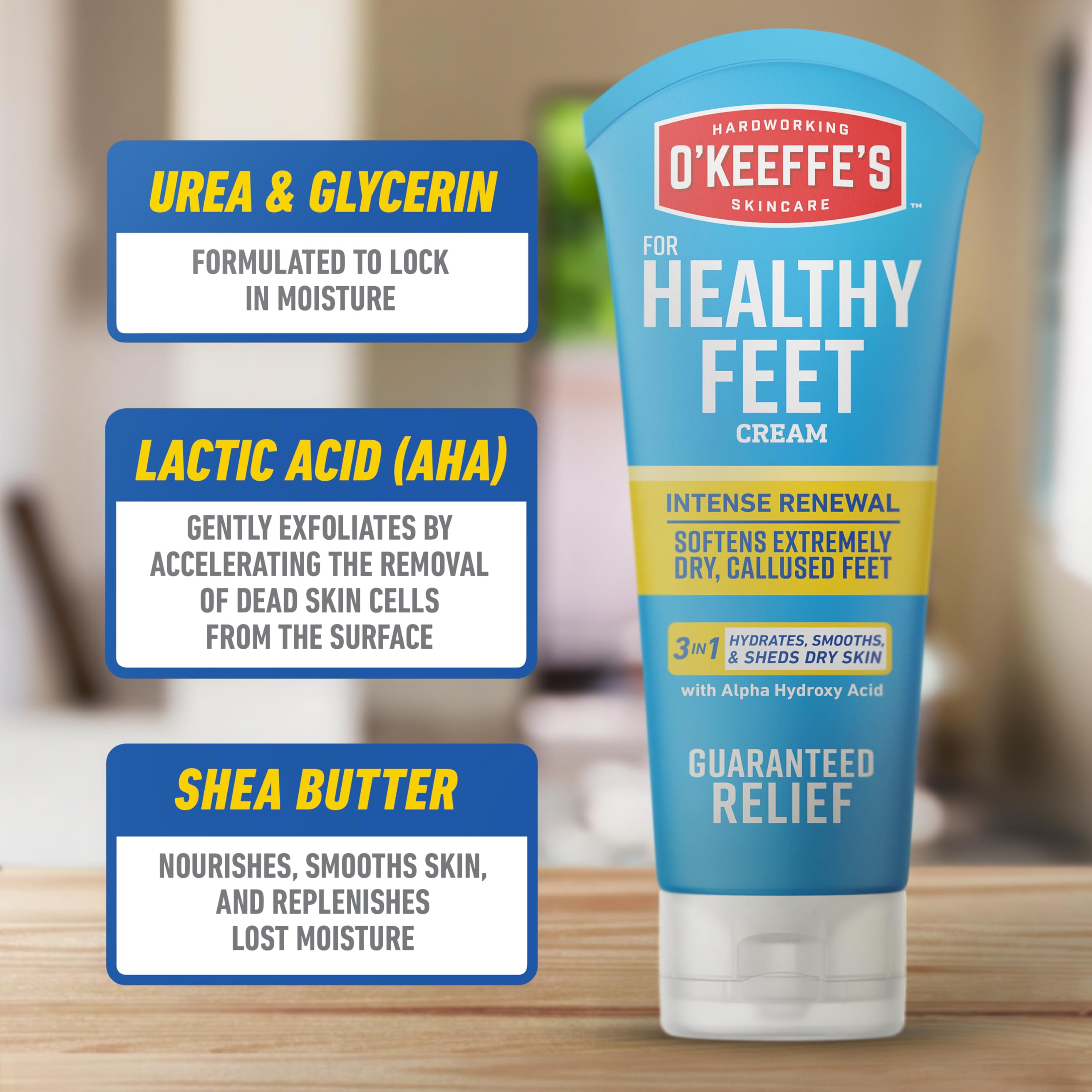 Applying O'Keeffe's Healthy Feet cream to heels with sleeves for deeper moisture.