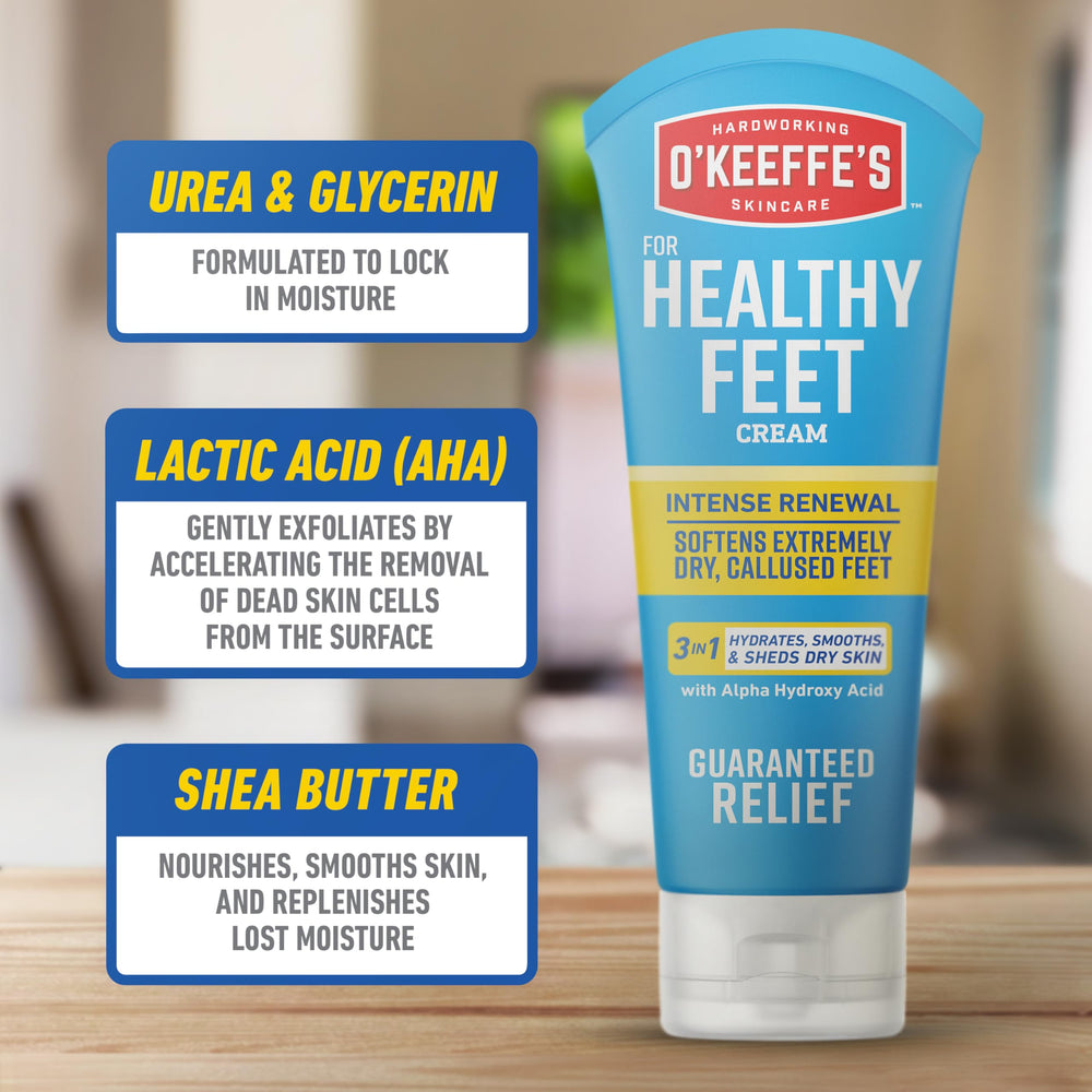 Applying O'Keeffe's Healthy Feet cream to heels with sleeves for deeper moisture.