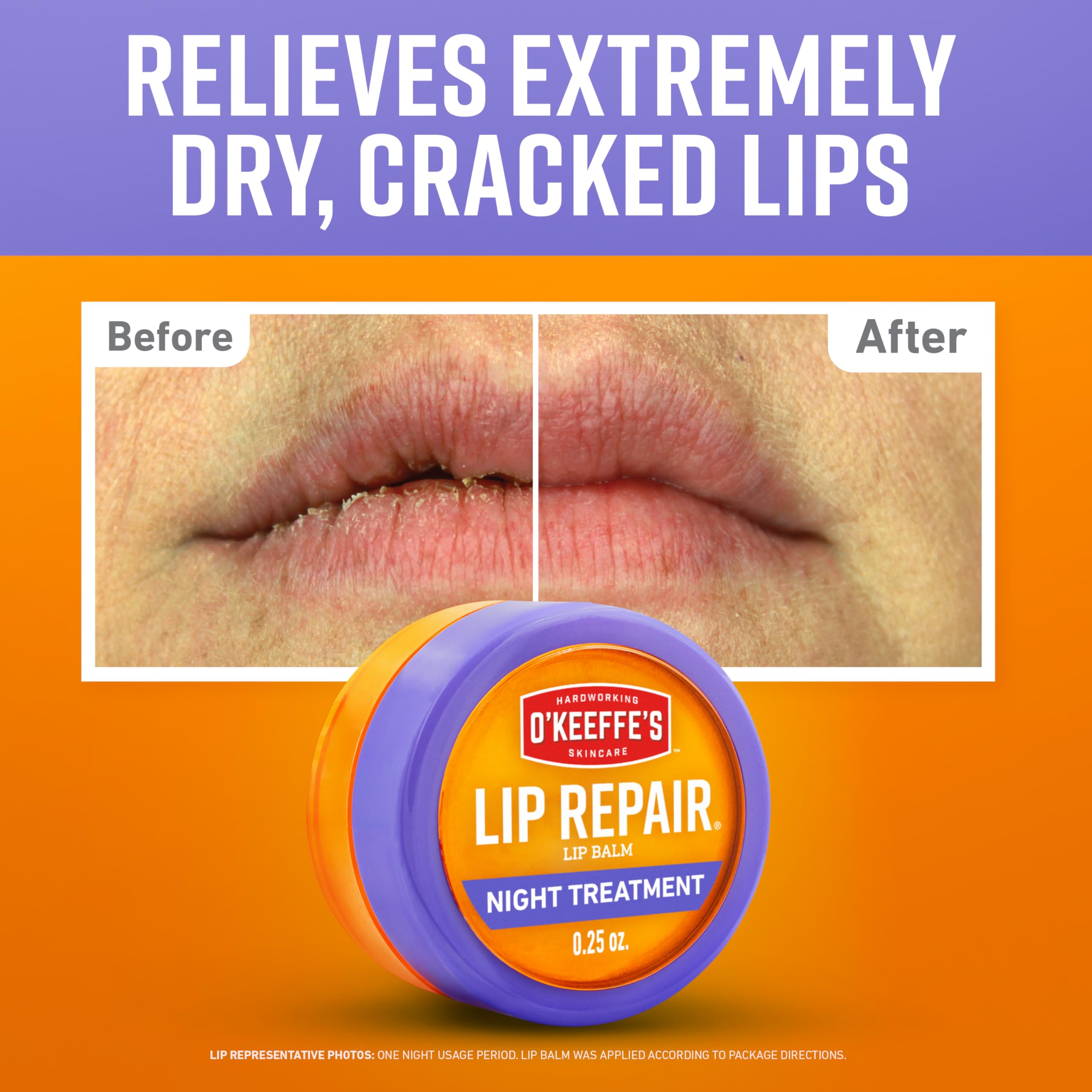 Close-up side view of O'Keeffe's Lip Repair night treatment jar highlighting compact travel size