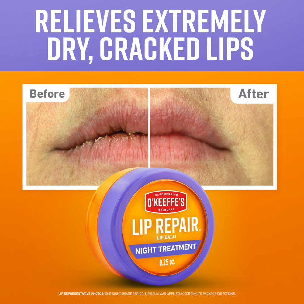 Close-up side view of O'Keeffe's Lip Repair night treatment jar highlighting compact travel size