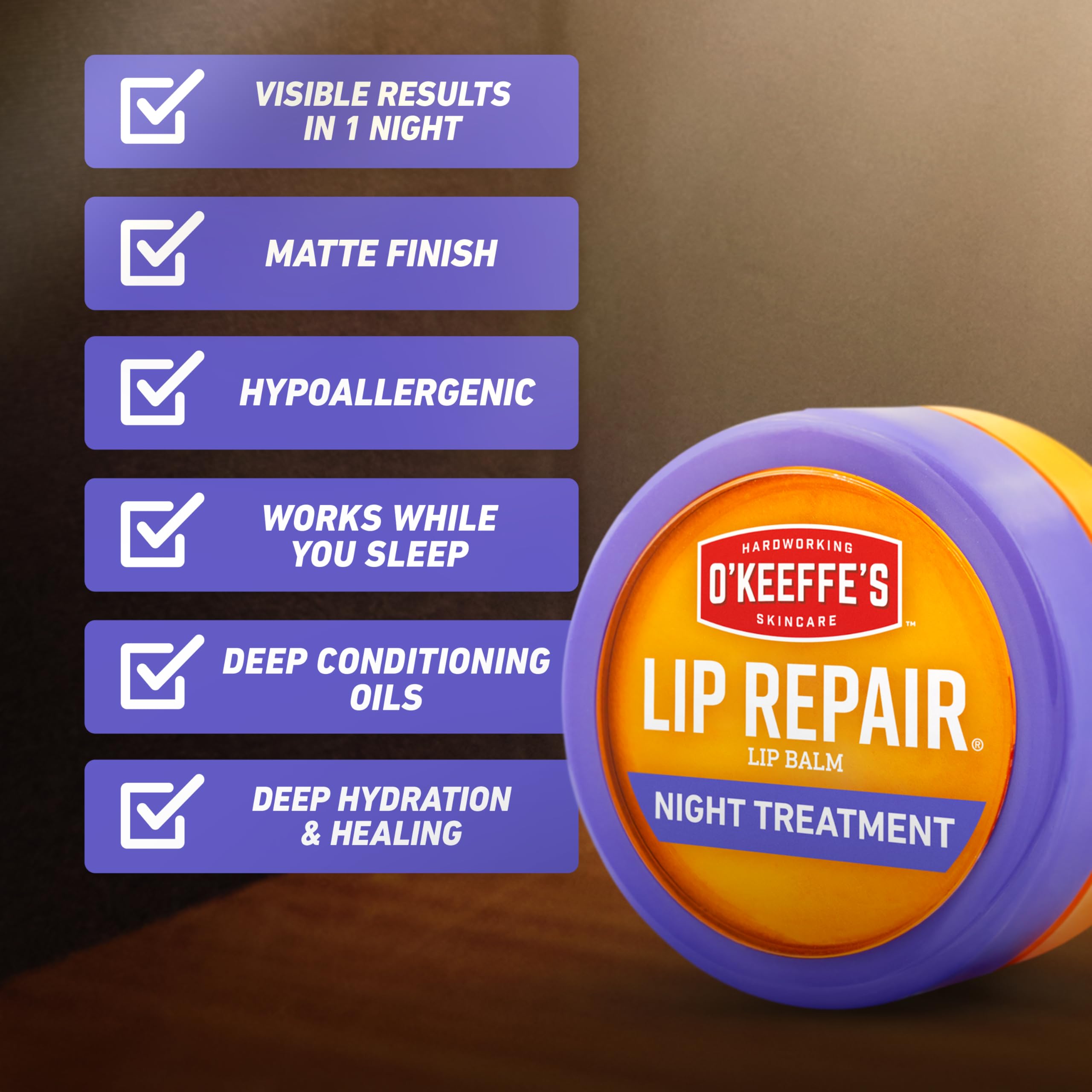 O'Keeffe's Lip Repair night treatment packaged box displayed on shelf