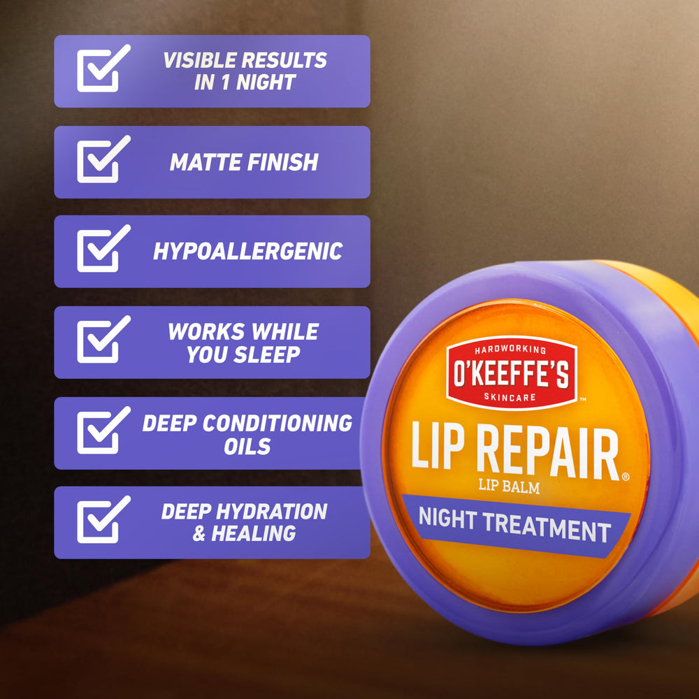 O'Keeffe's Lip Repair night treatment packaged box displayed on shelf