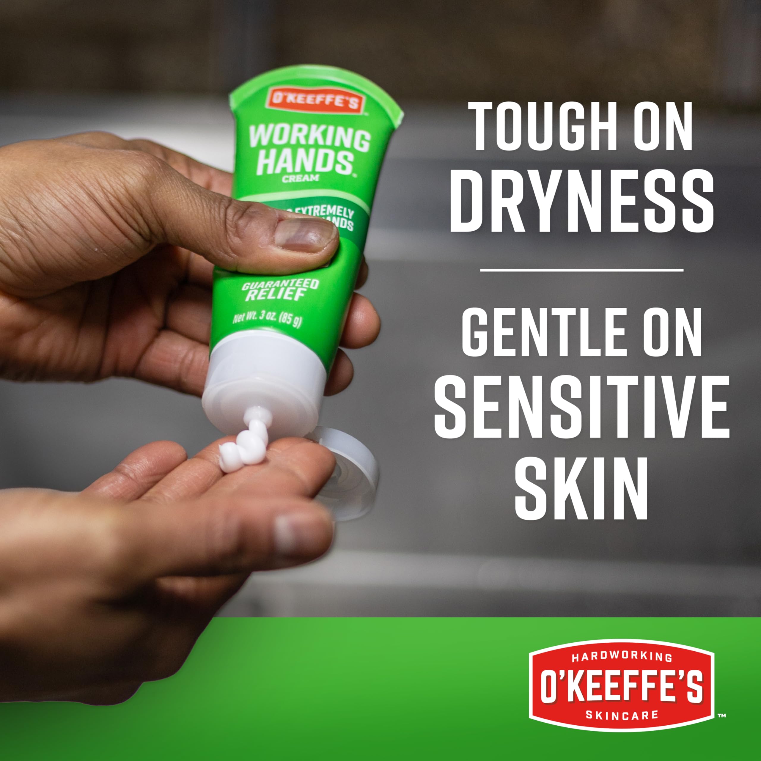 O'Keeffe's Working Hands application on hand suggests fast, non-greasy smoothing after washing