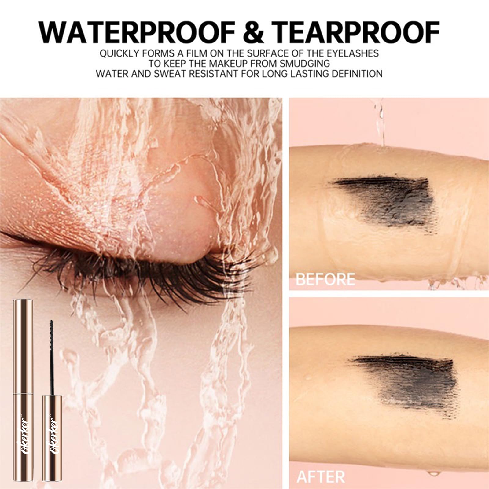 Okerker all-day smudge-proof finish keeps lashes defined.