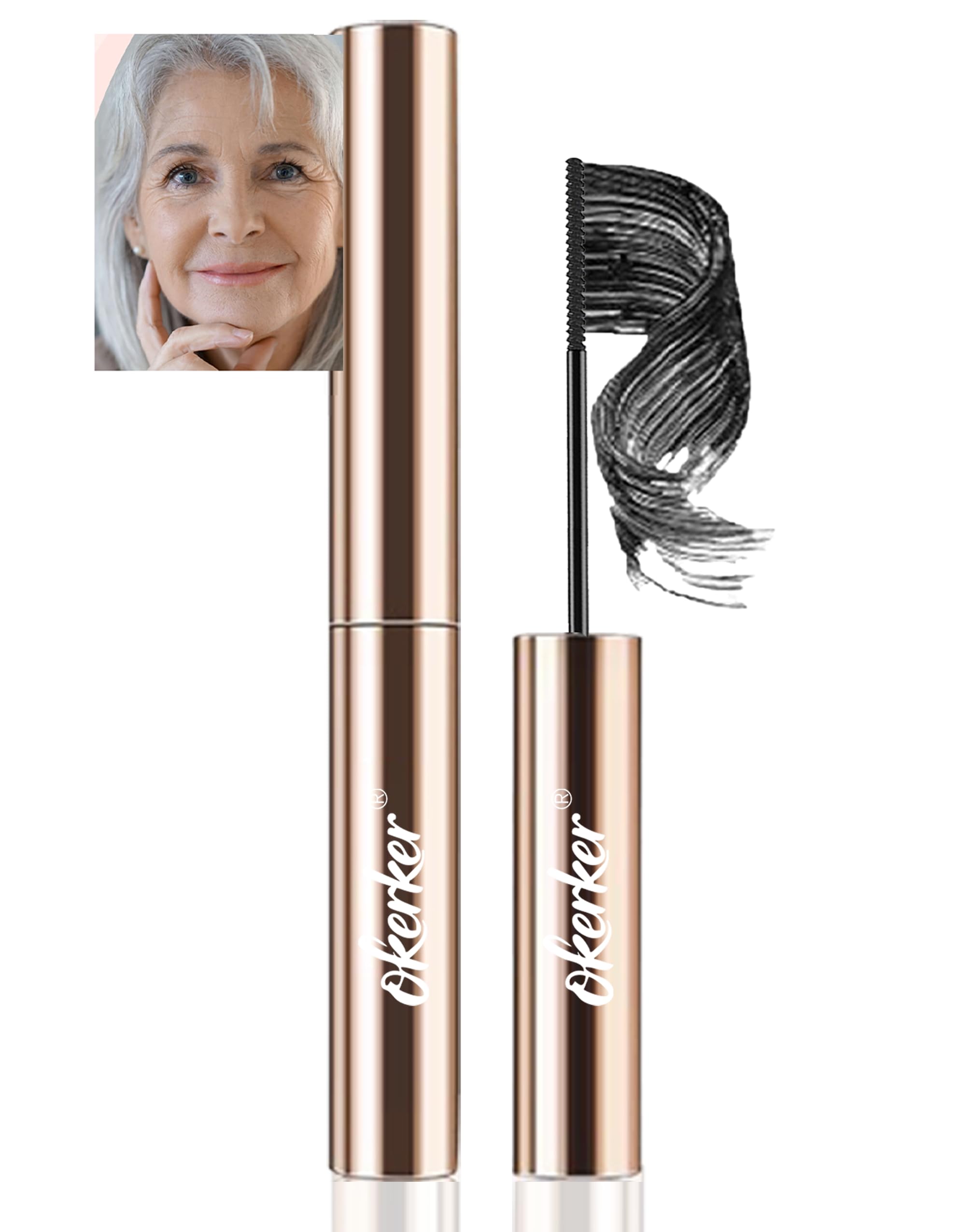 Okerker Black Mascara with angled brush delivers precise coverage from root to tip.