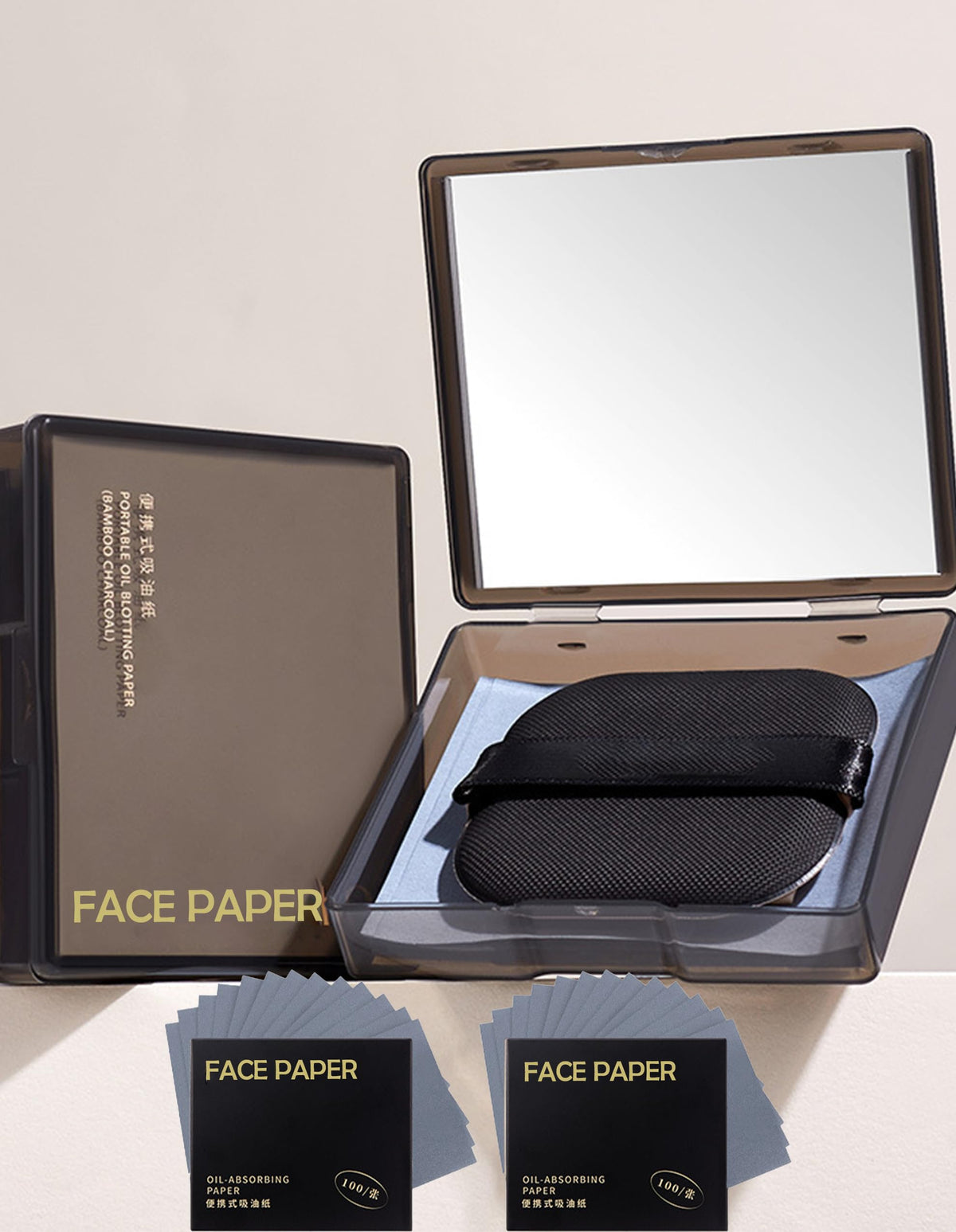 Okerker Bamboo Charcoal blotting paper with mirror for quick shine control.