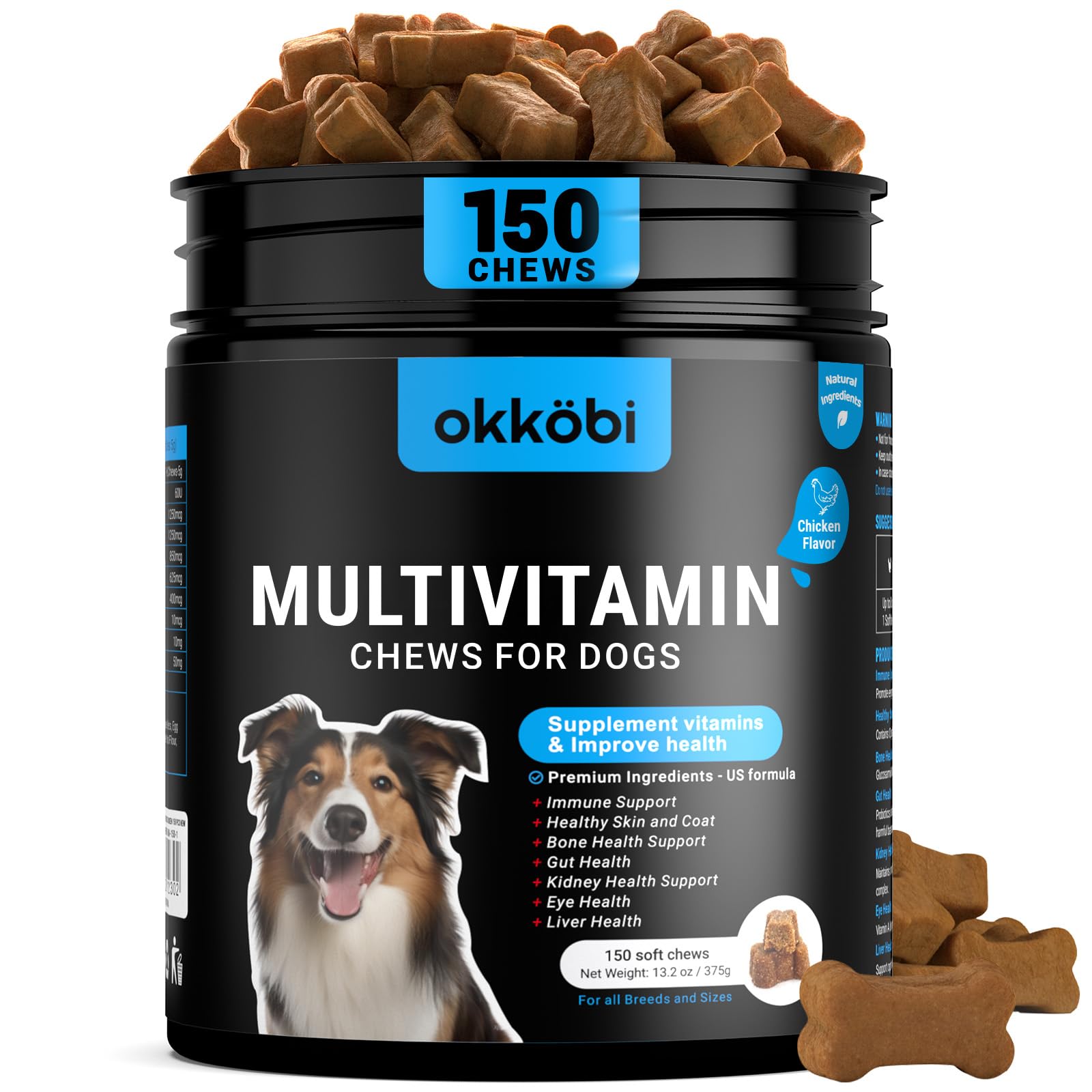 OKKÖBI dog vitamins 150-chew bottle supports daily immune and vitality.