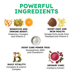 OKKÖBI dog vitamins bottle poured into dog bowl signals daily immune care.