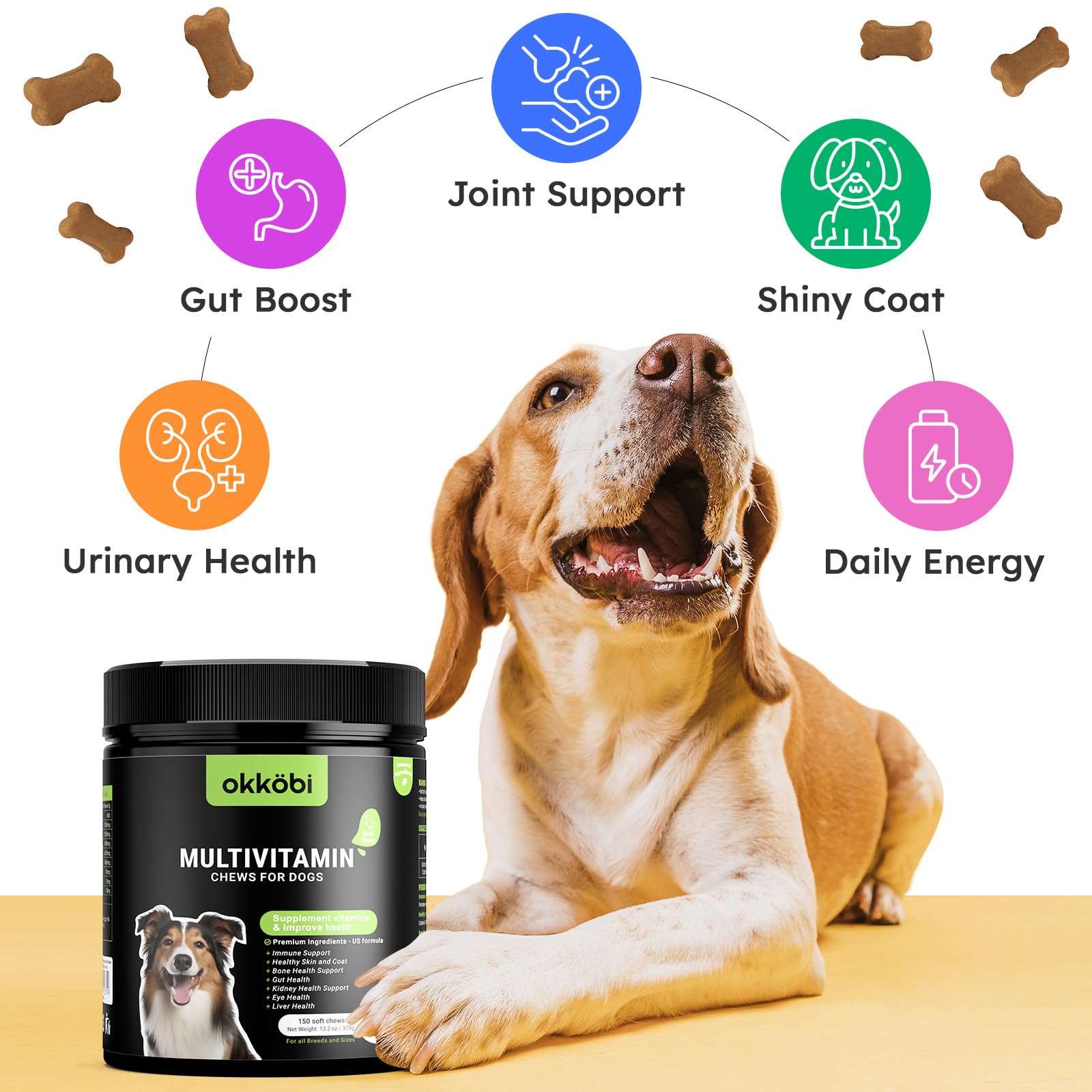 OKKÖBI dog vitamins pumpkin flaxseed ingredients support gut balance.