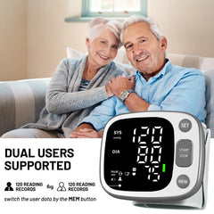 Oklar wrist BP monitor stores 240 readings for two users to track trends.