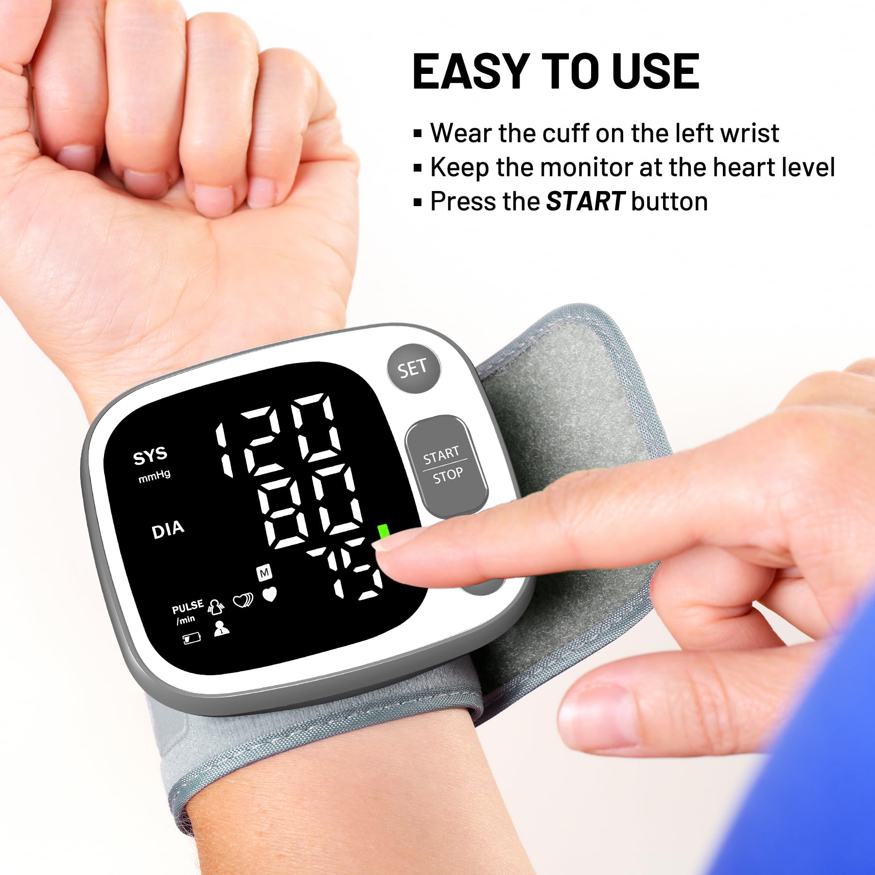 Oklar rechargeable wrist BP monitor with built-in battery for wireless use.