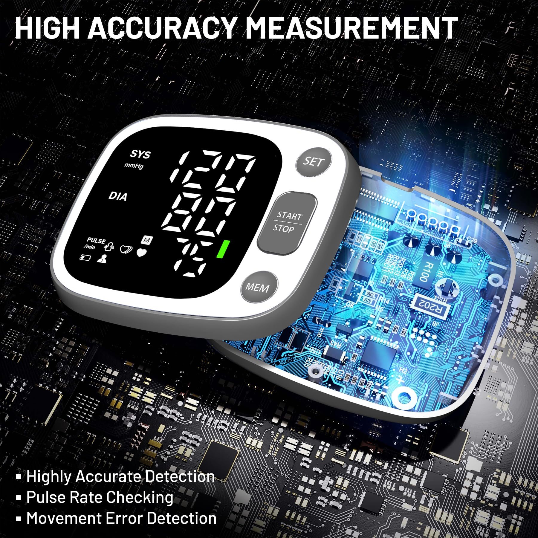 Oklar wrist BP monitor with voice broadcast for accessible readings.
