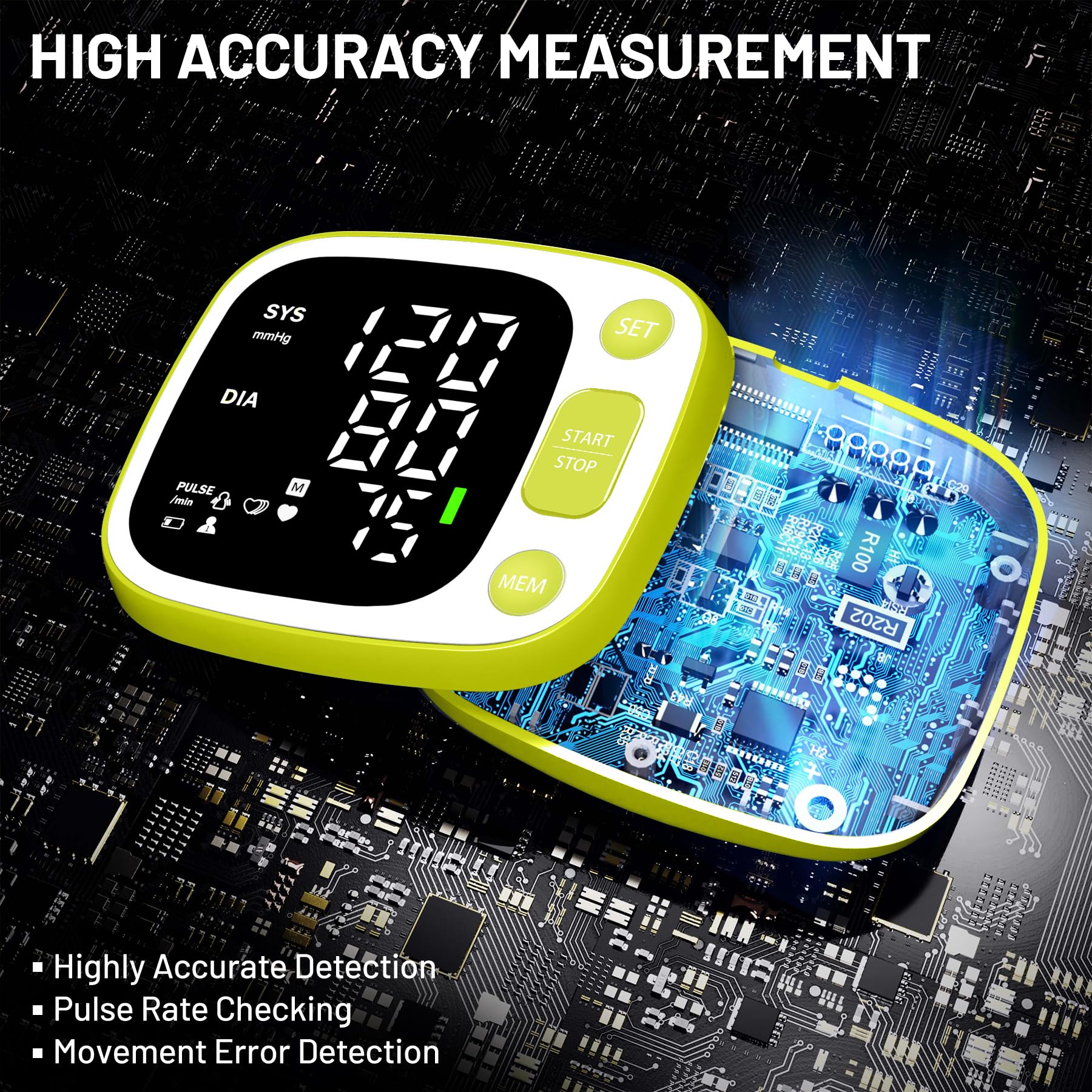 Oklar wrist blood pressure monitor cuff extended for comfortable, accurate readings.
