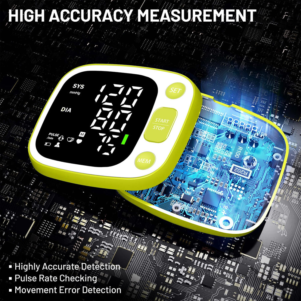 Oklar wrist blood pressure monitor cuff extended for comfortable, accurate readings.