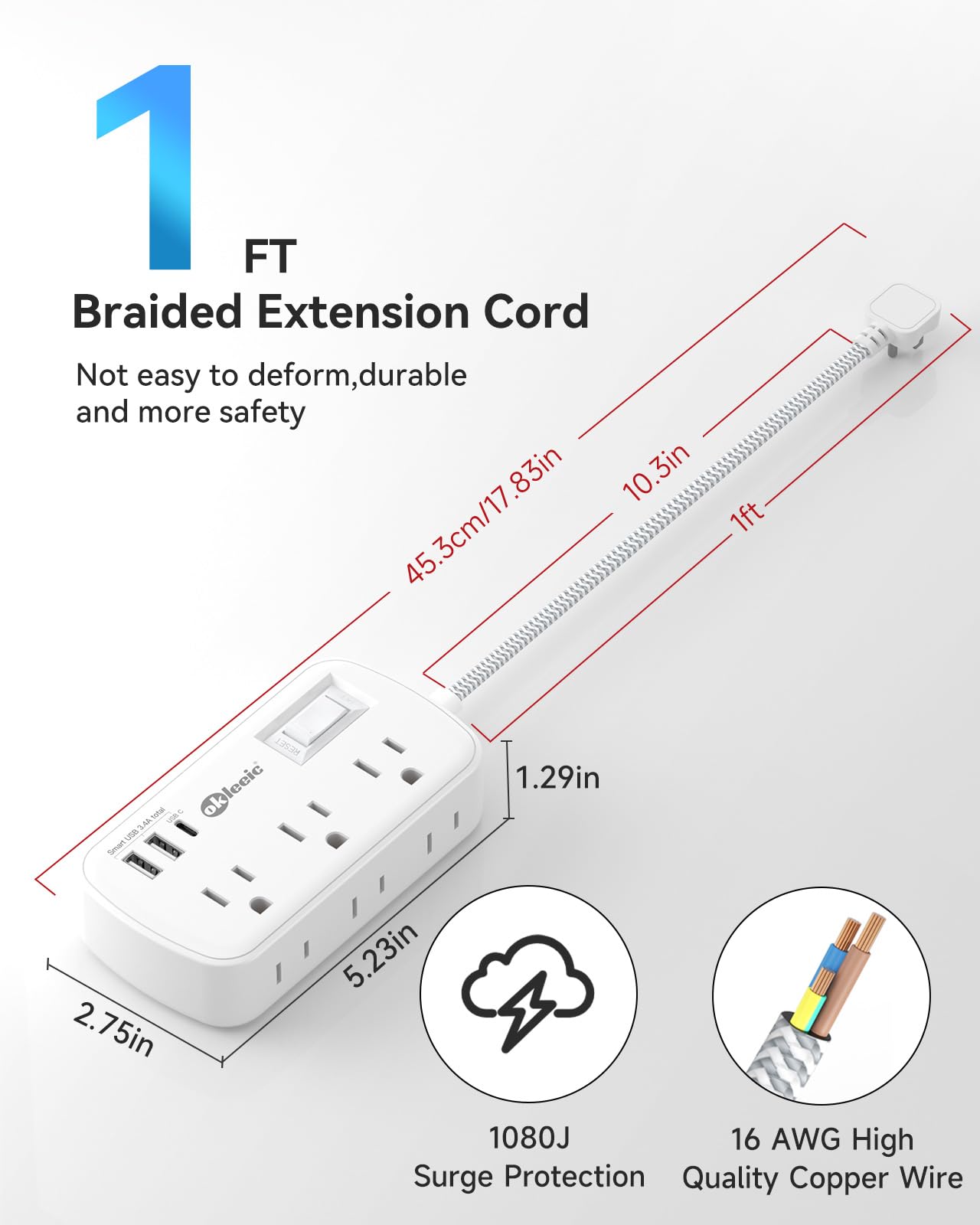 Okleeic six outlet power strip with three USB ports side angle suitable for dorms and desks