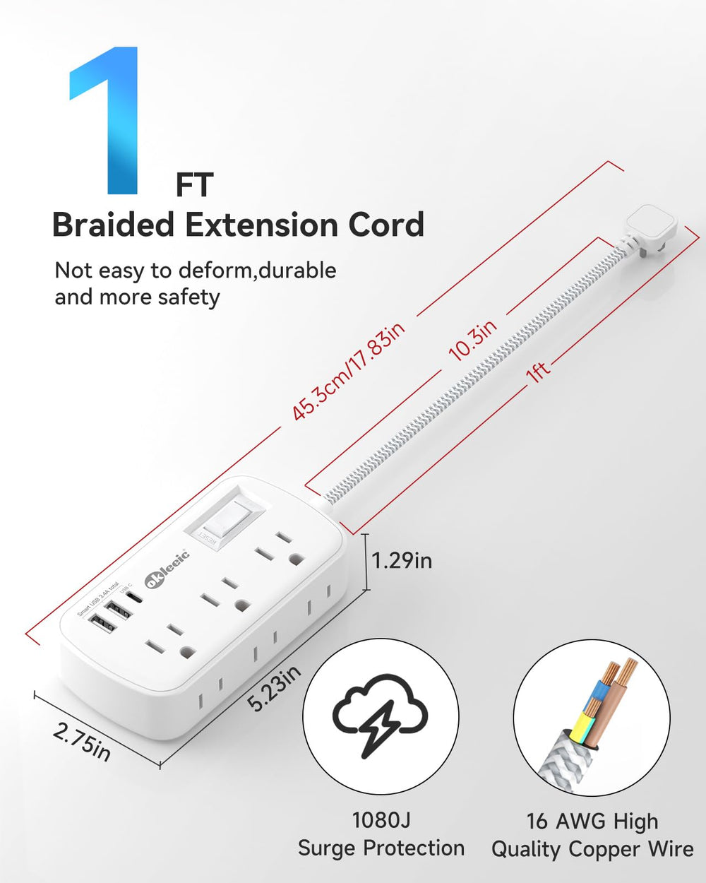 Okleeic six outlet power strip with three USB ports side angle suitable for dorms and desks