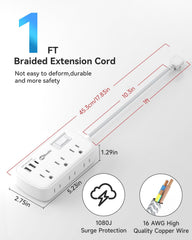 Okleeic six outlet power strip with three USB ports side angle suitable for dorms and desks