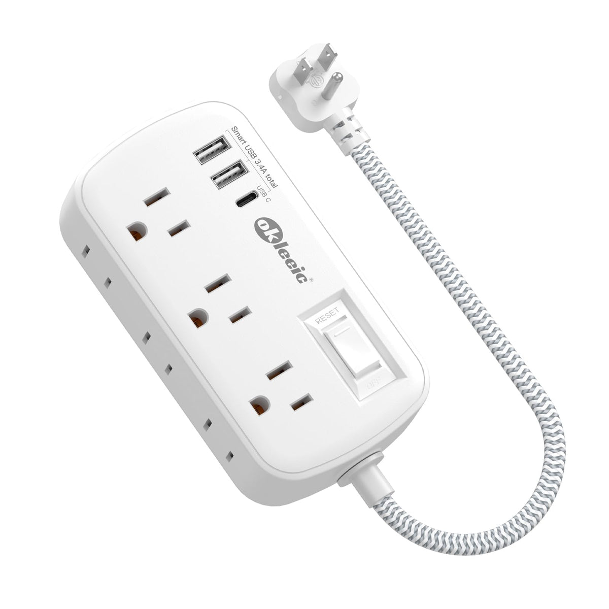 Okleeic short extension cord 1ft flat plug front view showing compact design for small spaces