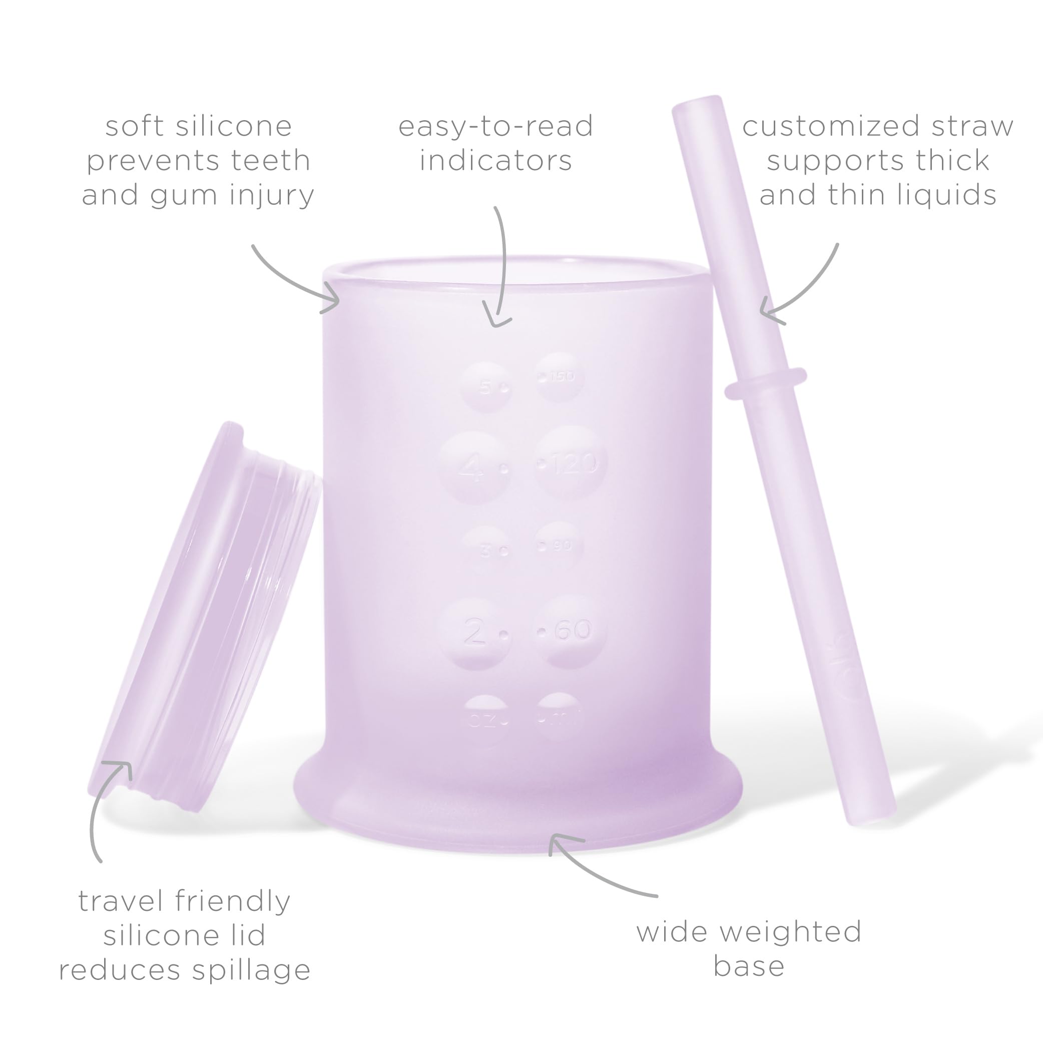 Olababy see-through silicone indicator shows liquid level for easy portion control.