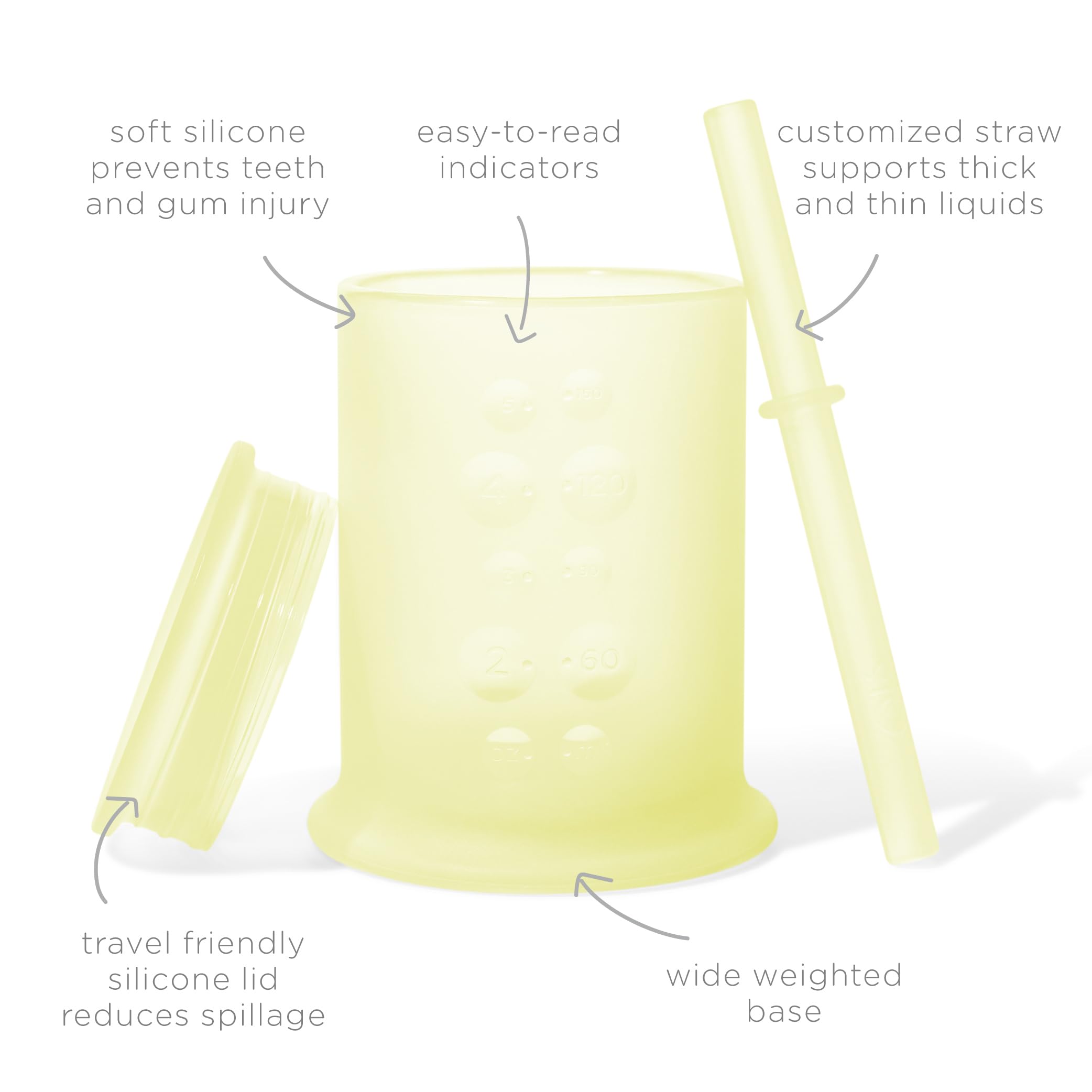 Lemon Olababy cup side view, weighted base helps reduce spills