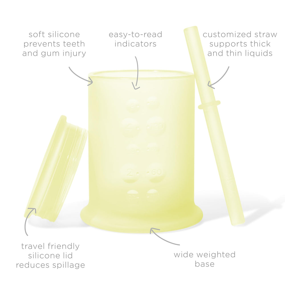 Lemon Olababy cup side view, weighted base helps reduce spills