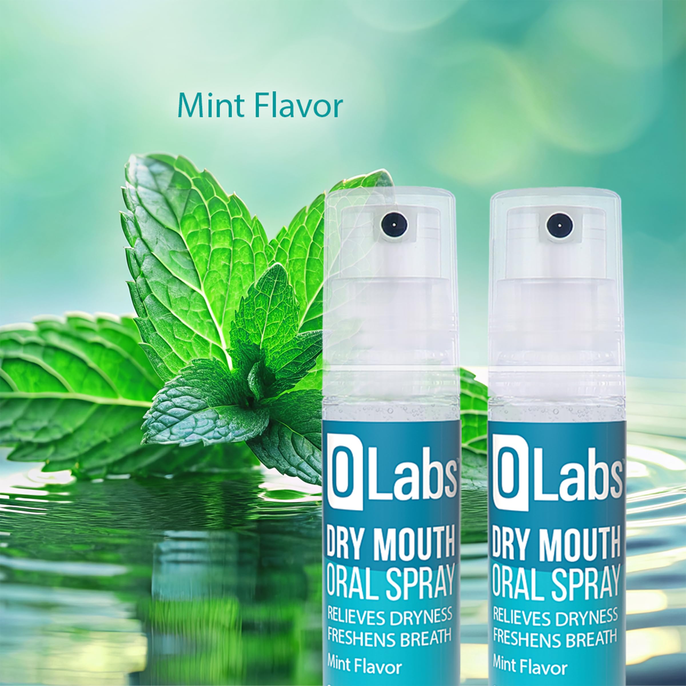 Olabs Dry Mouth Spray bottle close-up with mint mist