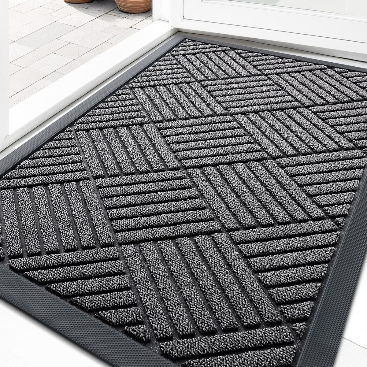 OLANLY front door mat with natural rubber backing provides secure placement and floor protection.