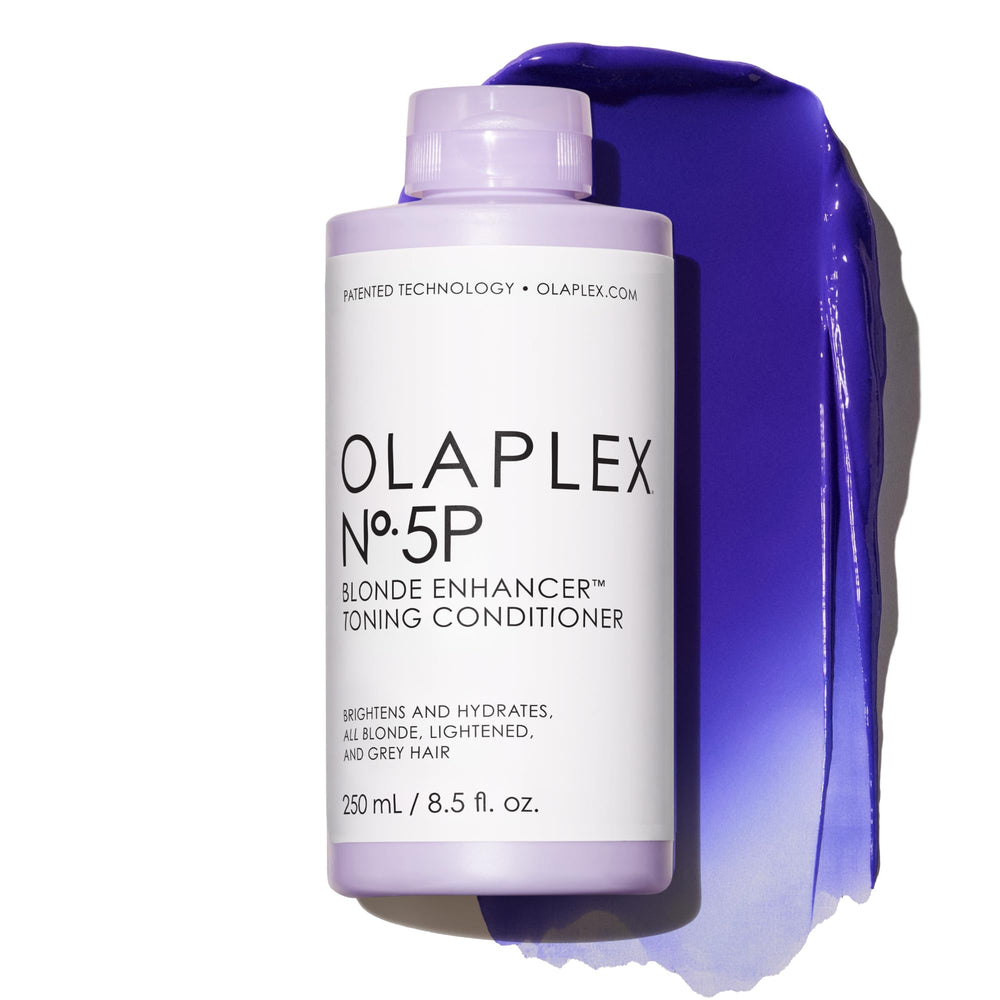 Olaplex N°5P purple toner conditioner bottle pour reduces brassiness while hydrating hair.