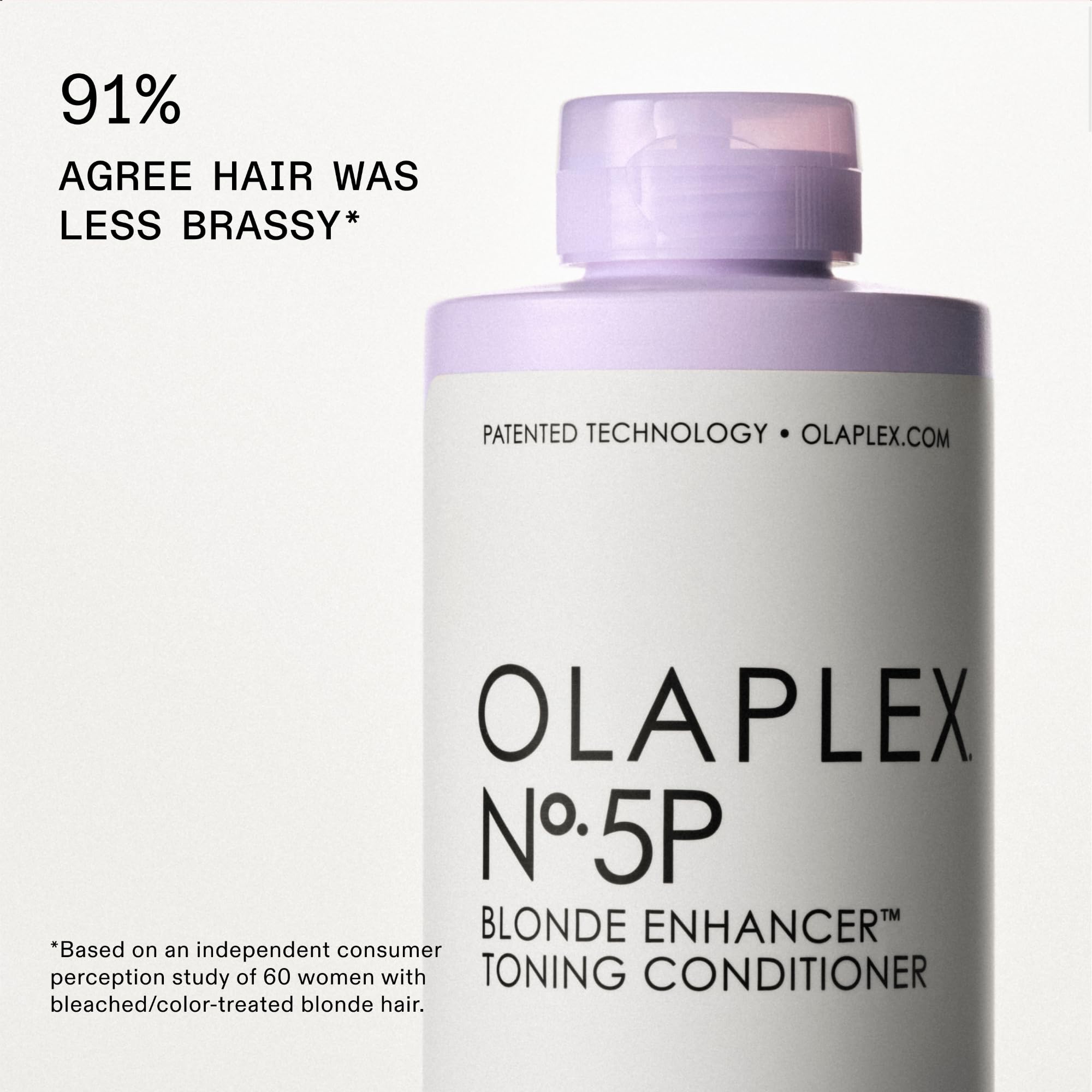 Olaplex N°5P purple conditioner jar close-up highlights smoothing and shine.