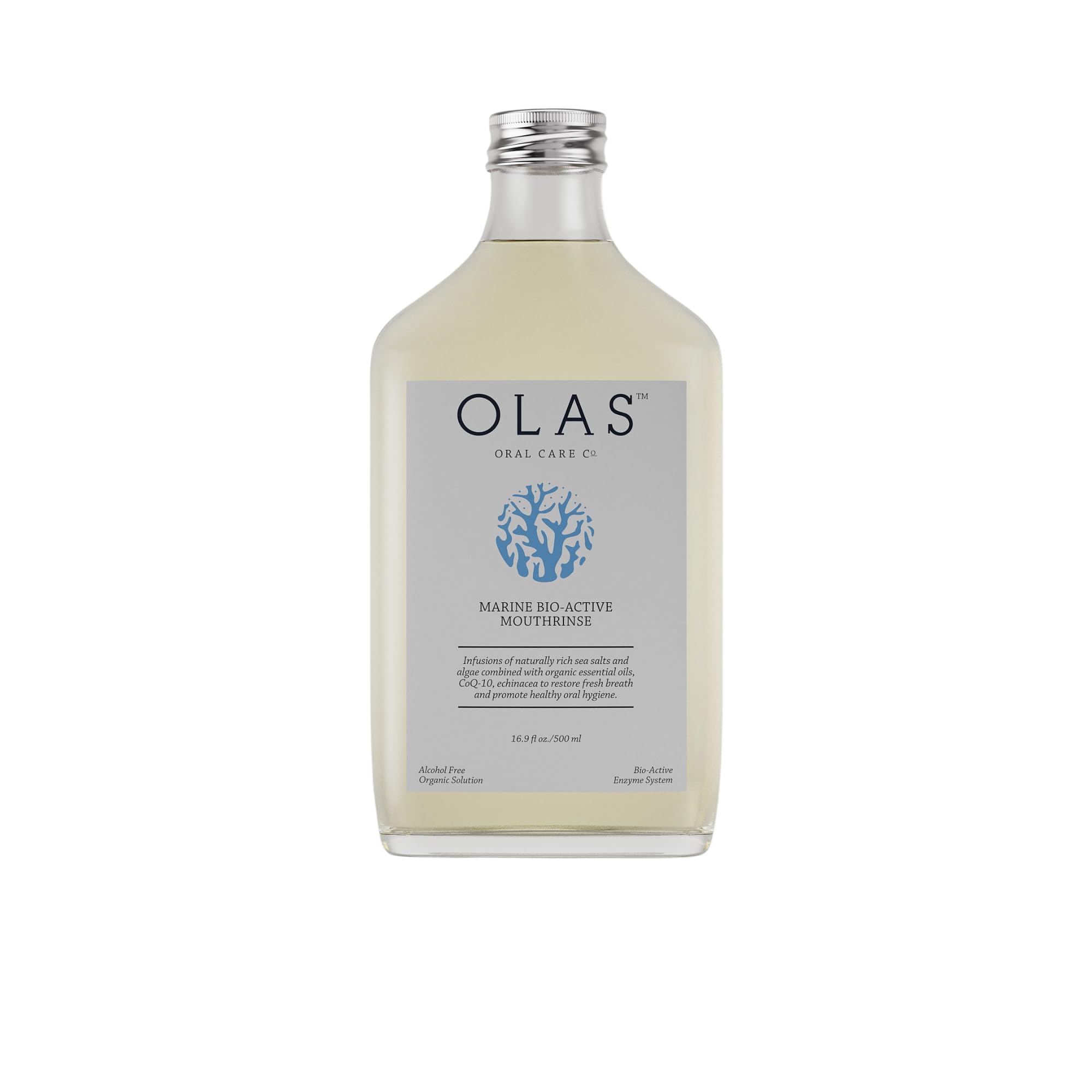 Olas alcohol-free mouthwash bottle close-up highlighting marine complex benefits for gums