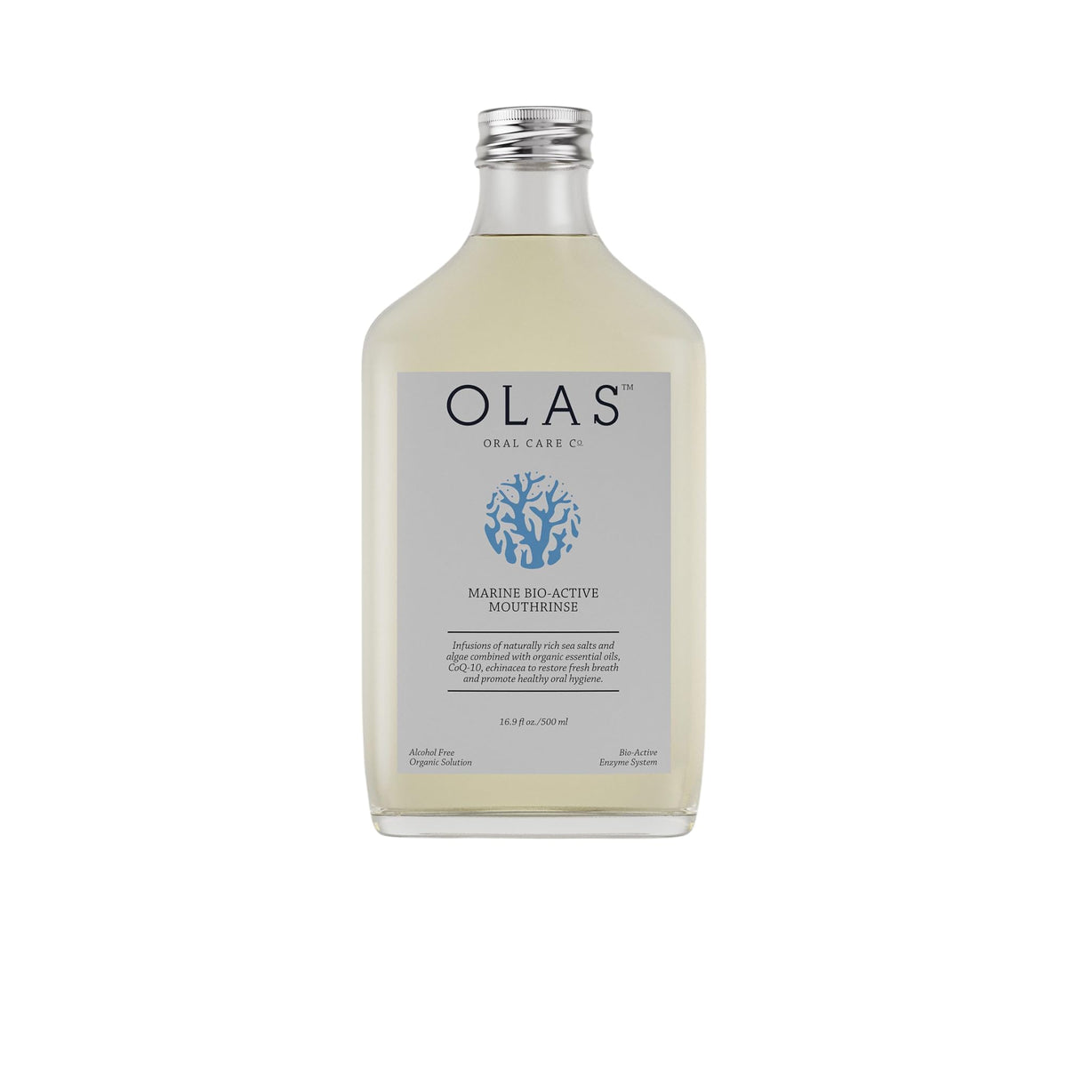 Olas alcohol-free mouthwash bottle close-up highlighting marine complex benefits for gums