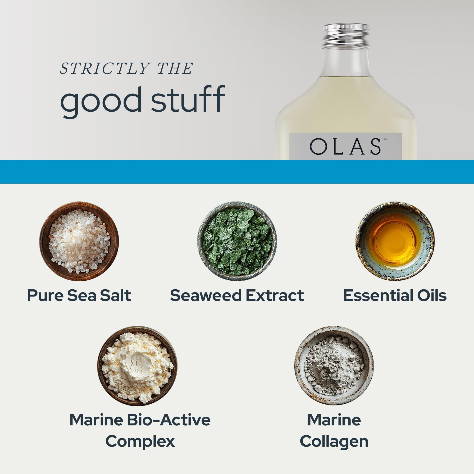 Olas essential oils close-up emphasizes tea tree and chamomile for a refreshing breath