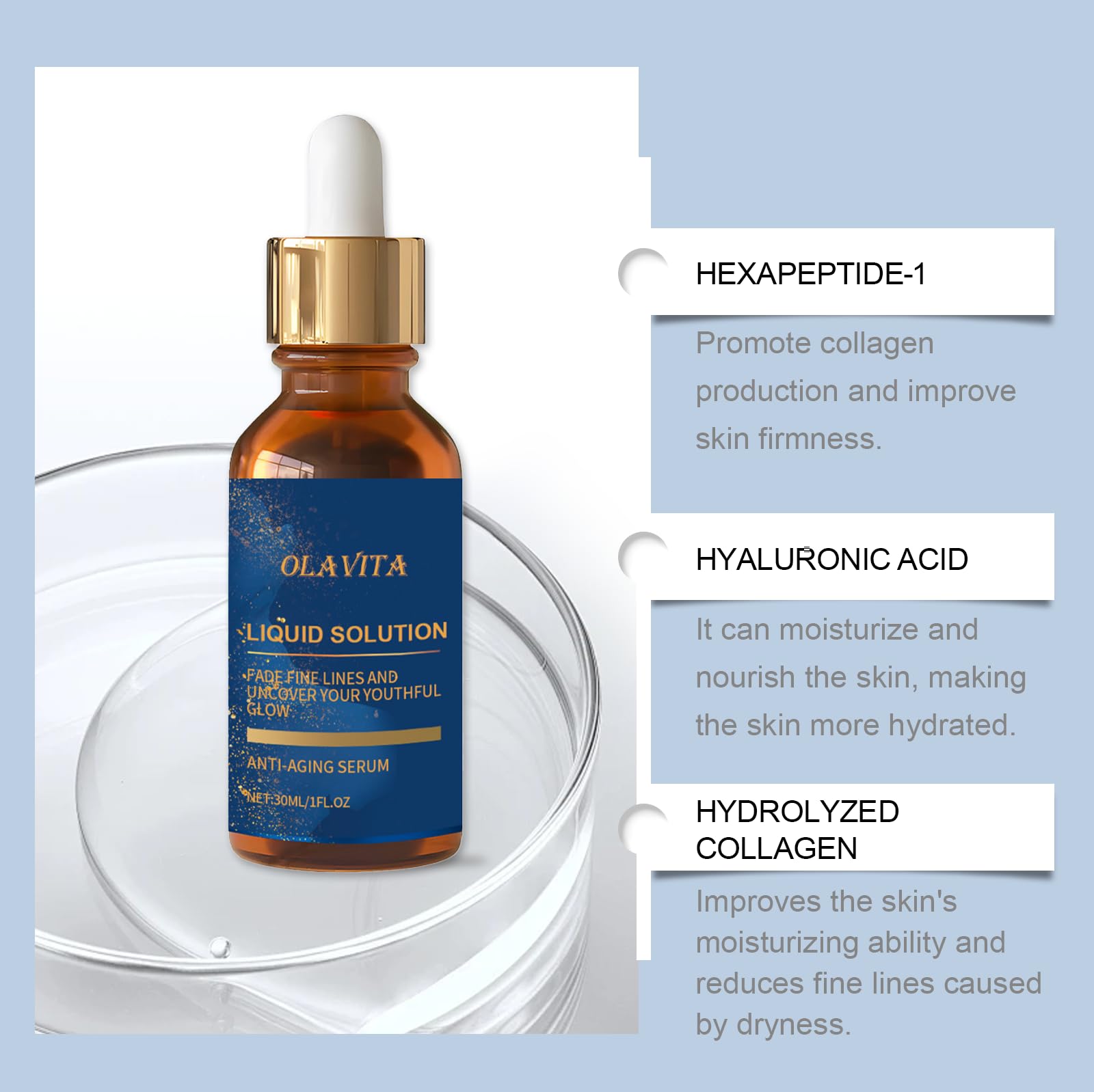 OLAVITA facial serum ingredients Vitamin C and E boost brightness and protection.