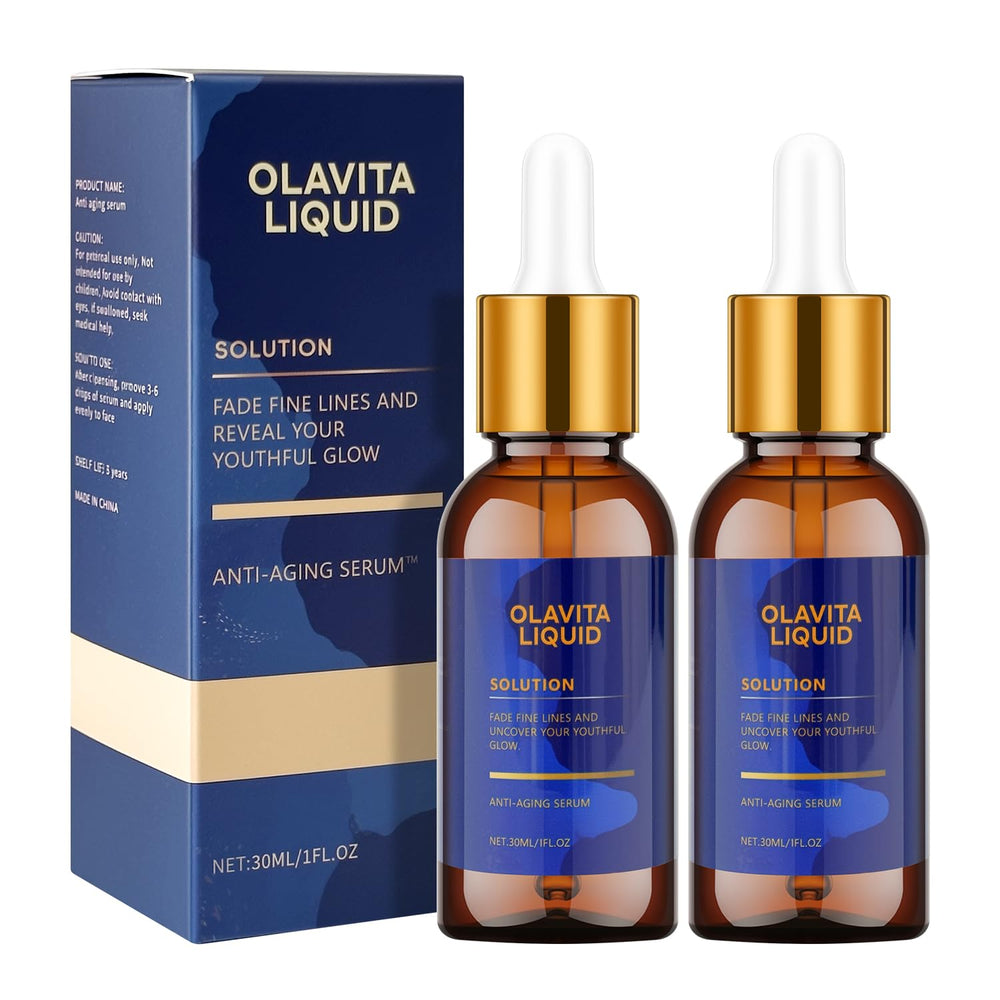 Olavita Liquid Serum bottle closeup showing silky texture for hydrated skin