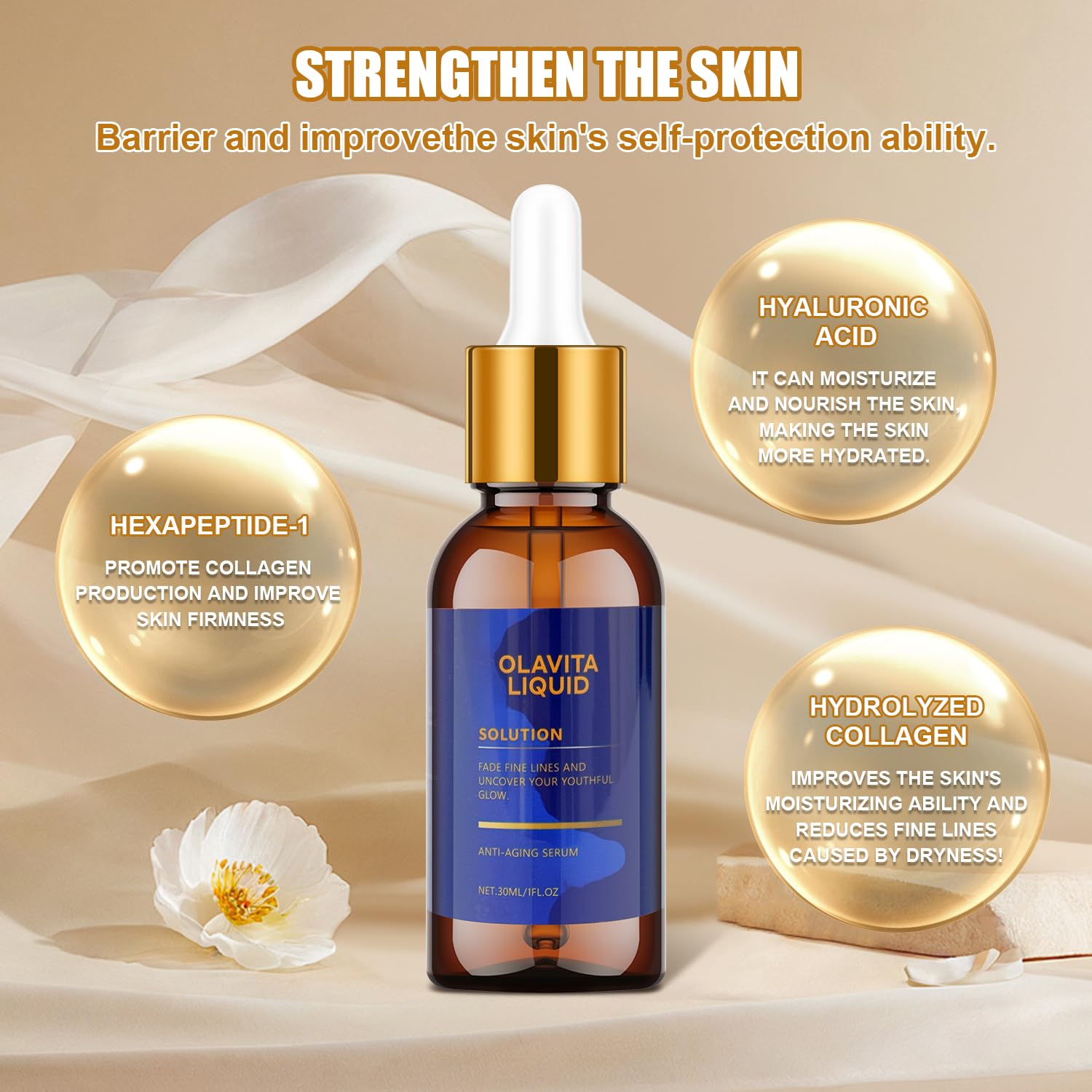 Olavita Liquid Serum droplet on hand illustrating instant hydration