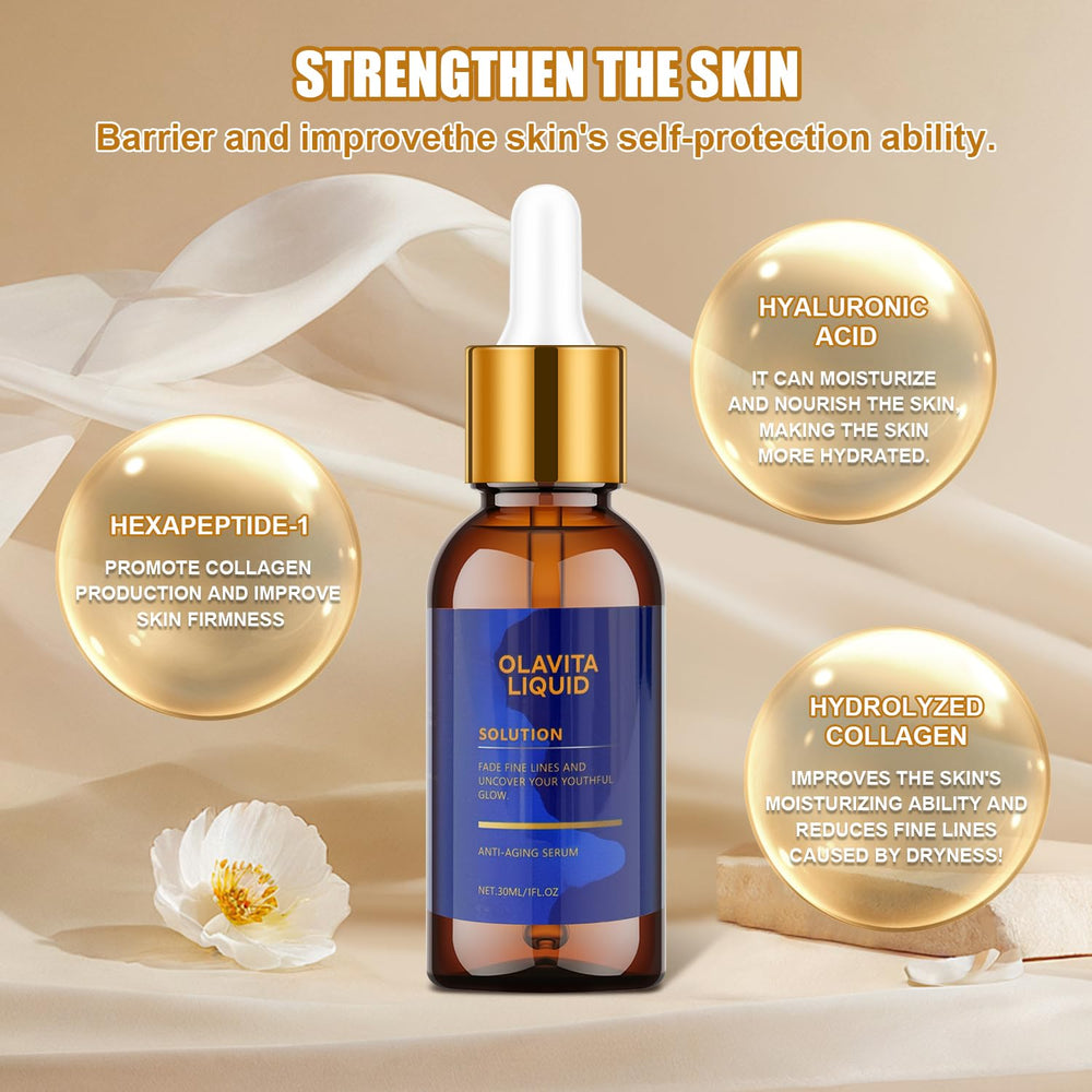 Olavita Liquid Serum droplet on hand illustrating instant hydration
