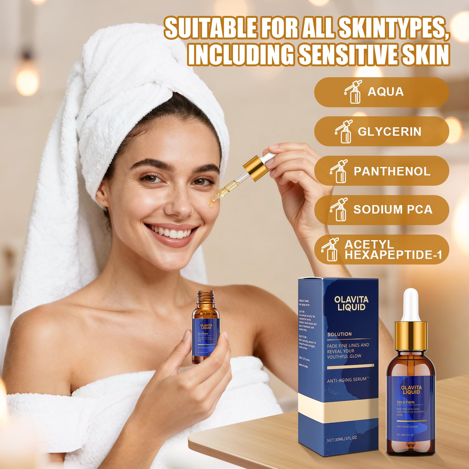 Olavita Liquid Serum pump dispense demonstrates easy daily application