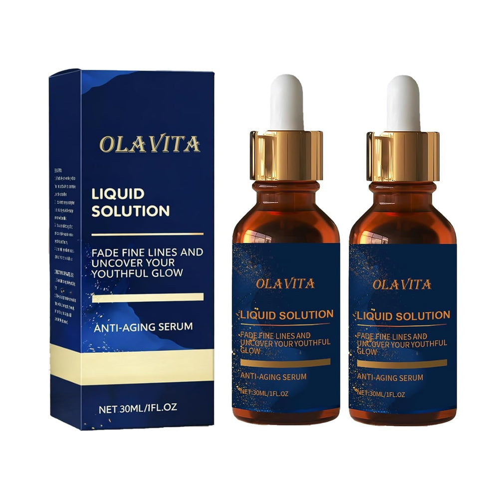 OLAVITA Liquid Solution serum bottle shows hydration-ready formula for daily use.