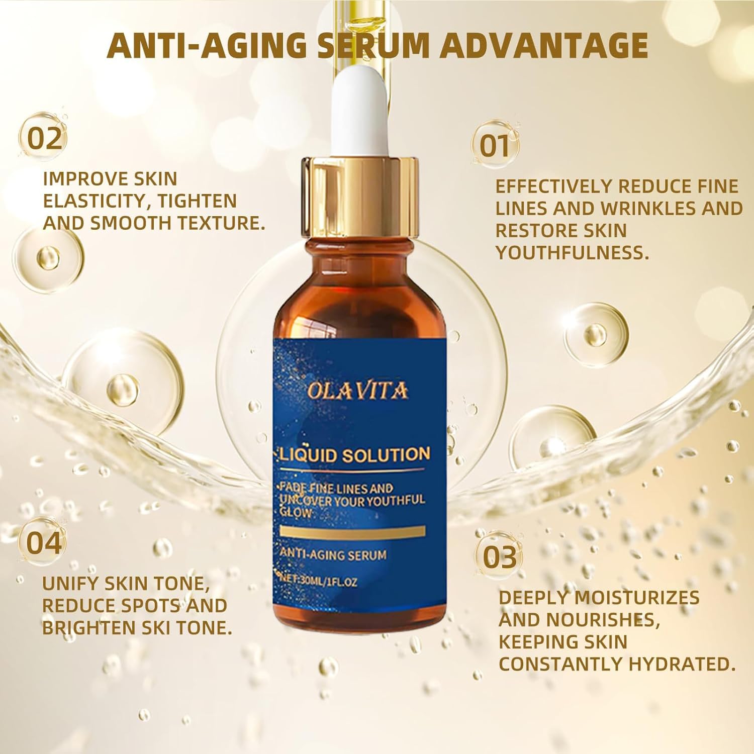 OLAVITA Serum texture closeup shows silky, non-greasy finish for makeup.