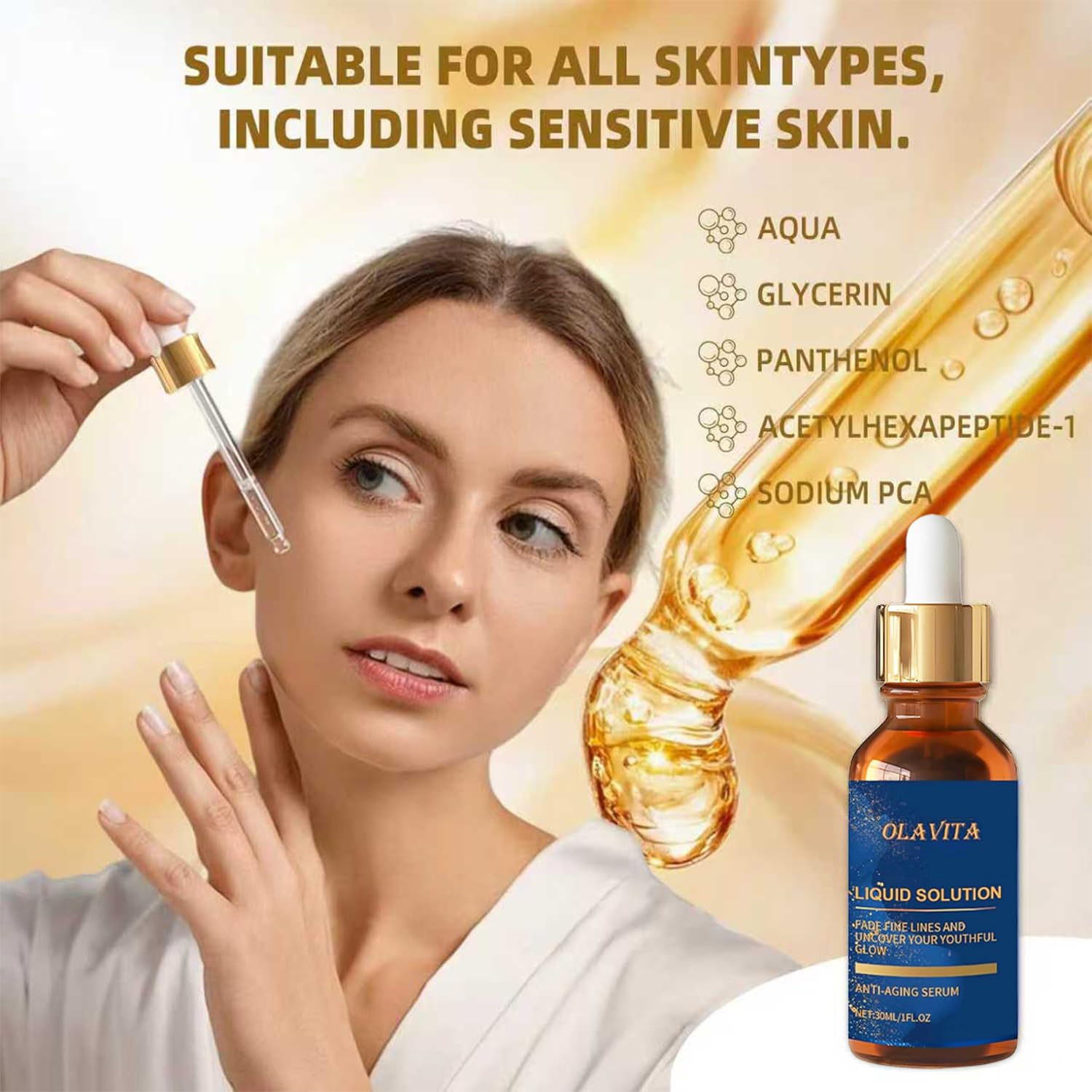 OLAVITA Vitamin C serum application demonstrates fast absorption and refreshed skin.