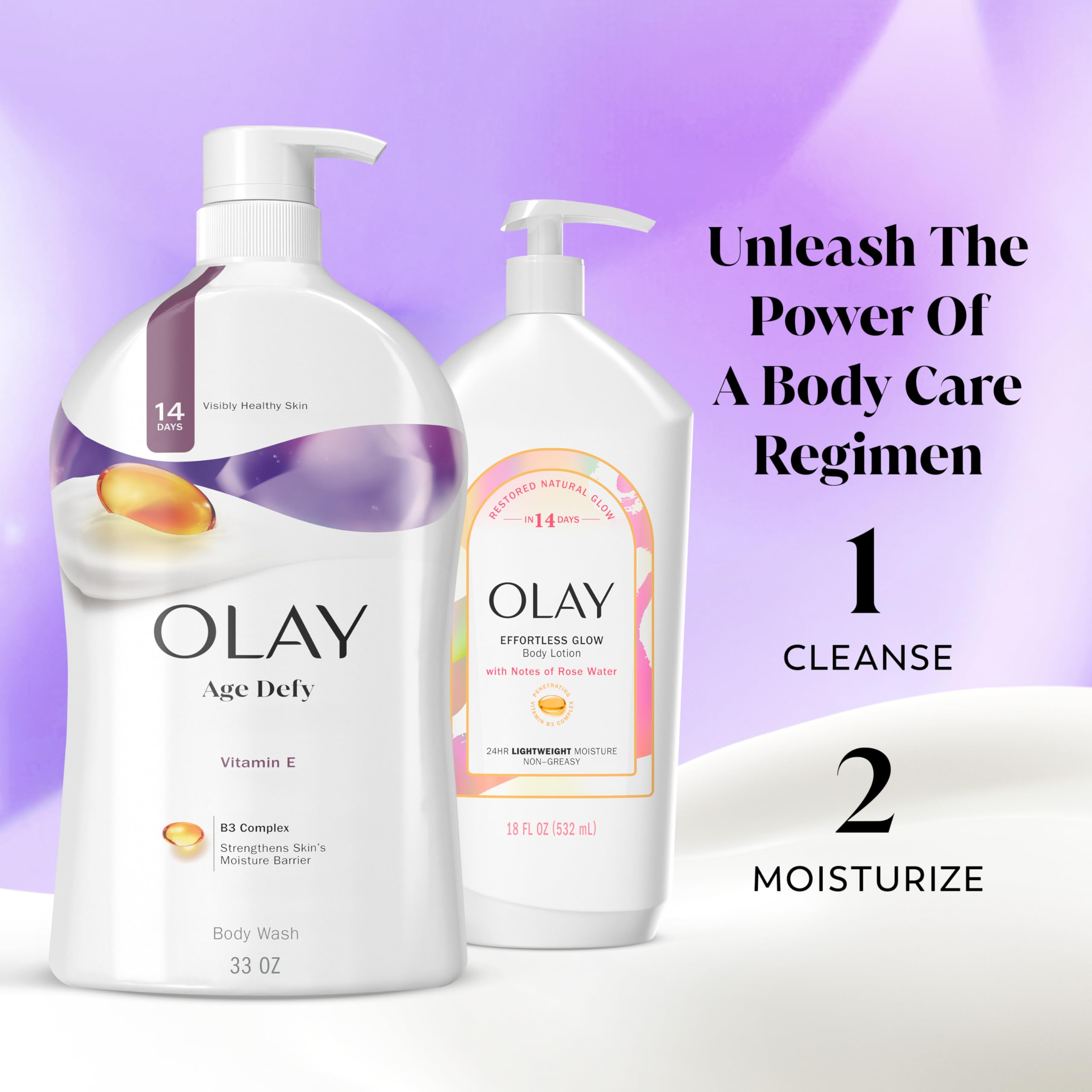 Olay Age Defy body-wash-regimen image implies a simple cleansing routine.