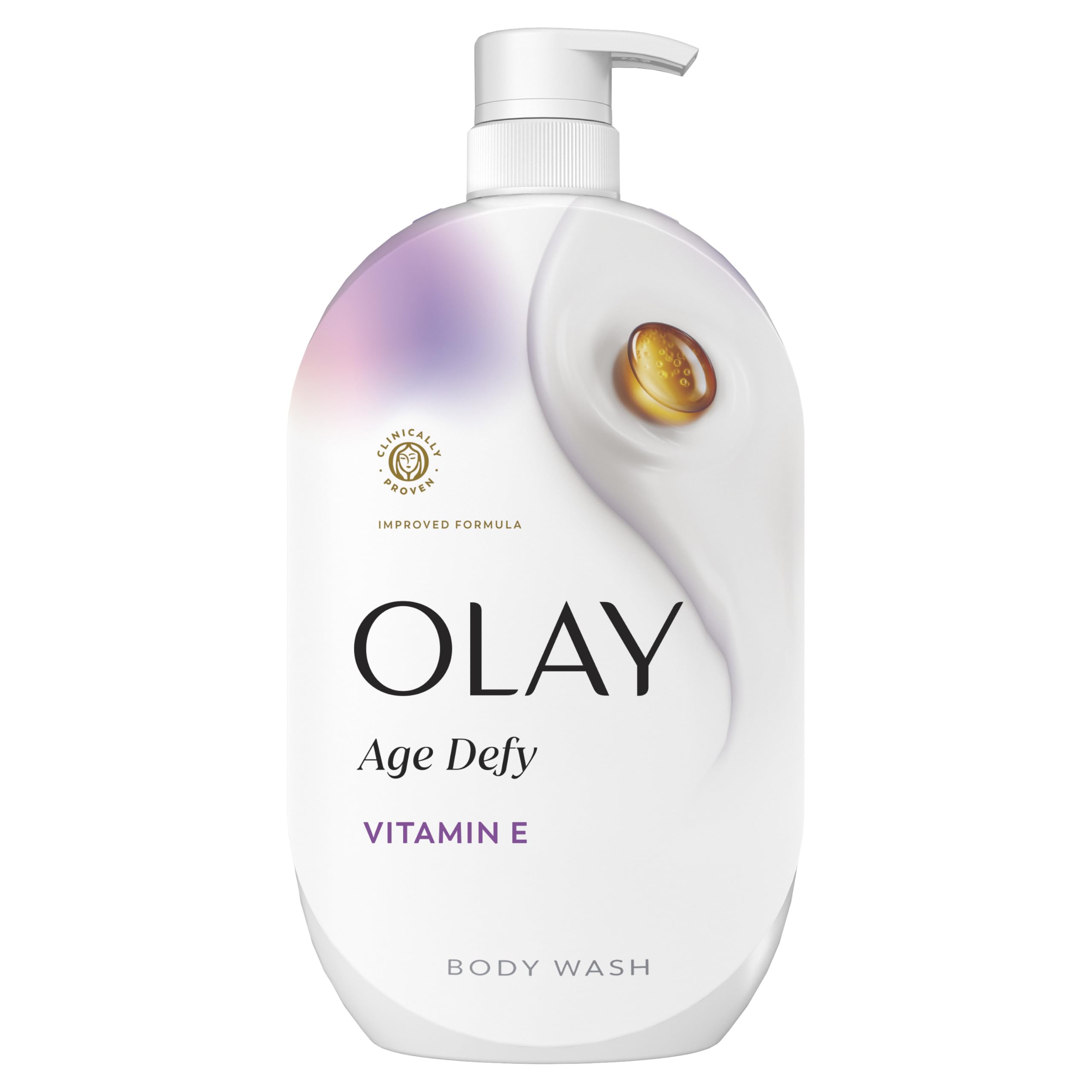 Olay Age Defy bottle with vitamin-e highlights daily hydration and softness.