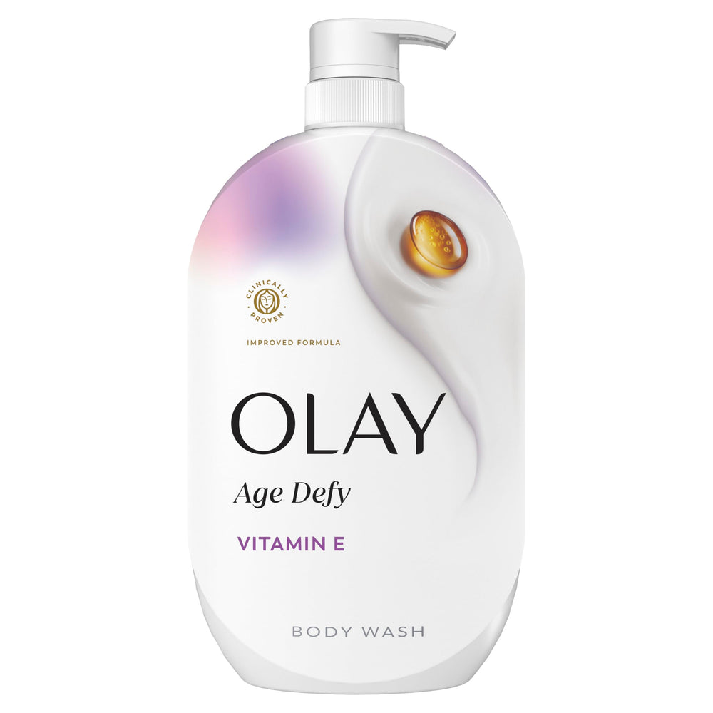 Olay Age Defy bottle with vitamin-e highlights daily hydration and softness.