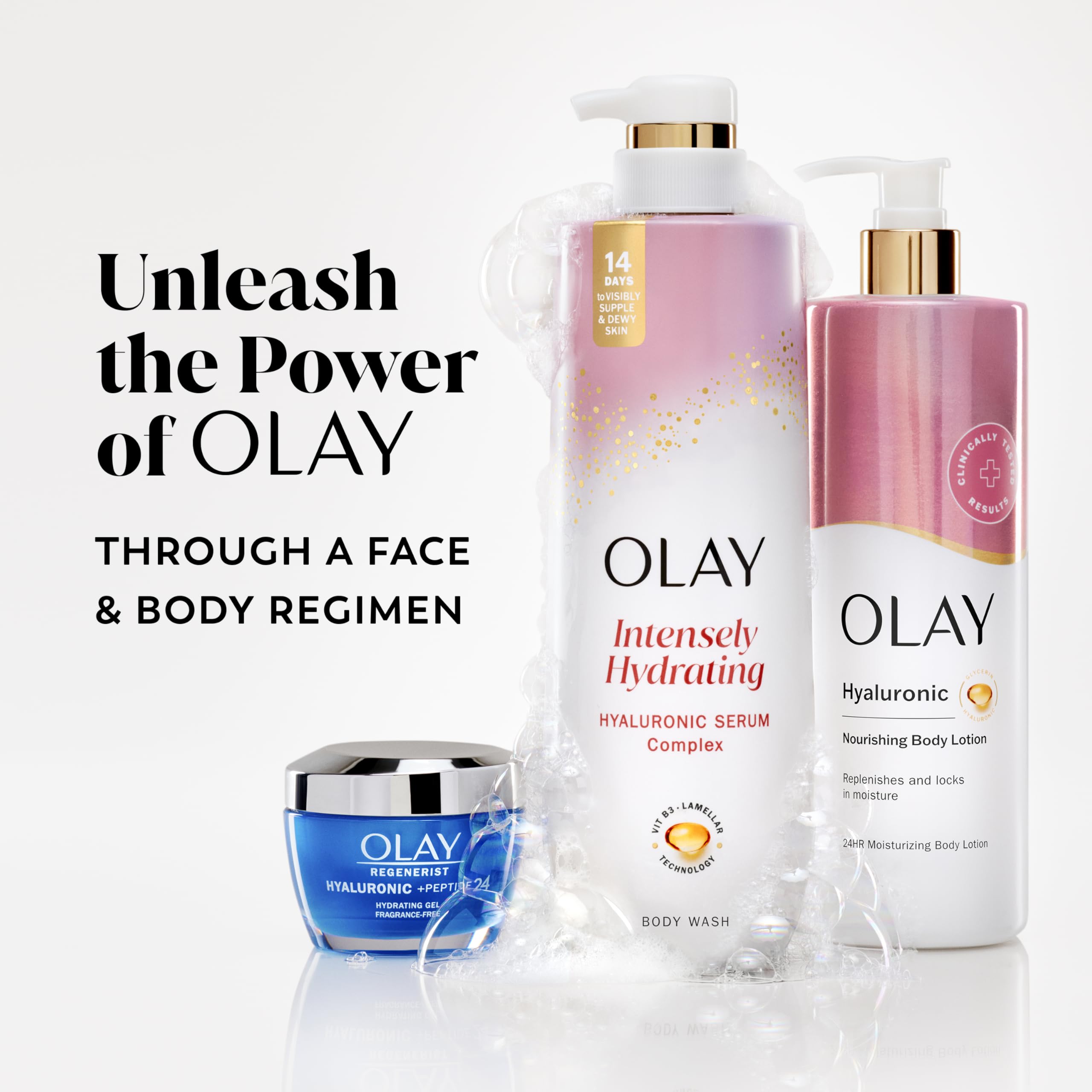 Olay Body Wash heritage badge references 60 years of science.
