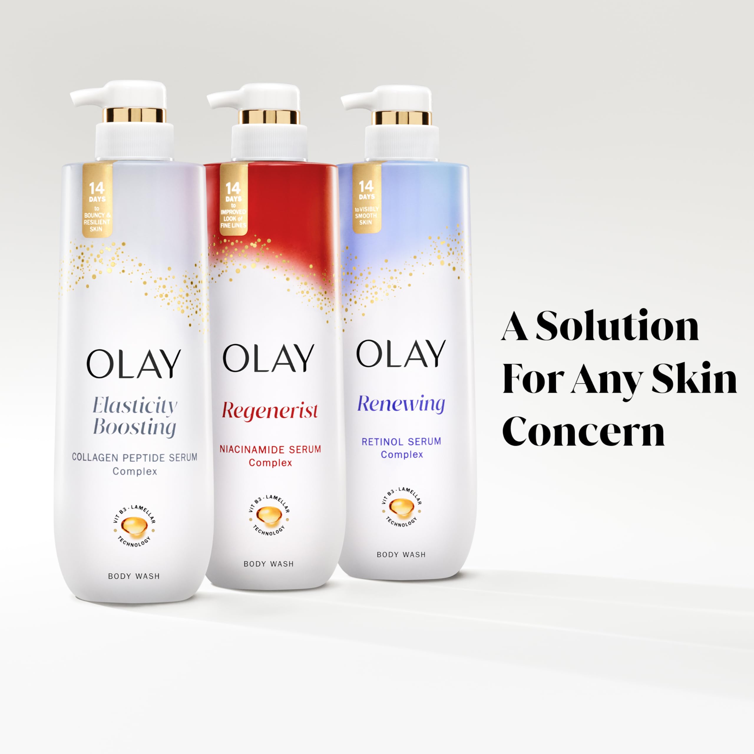 OLAY paraben-free bottle signals a skin-friendly cleanse.
