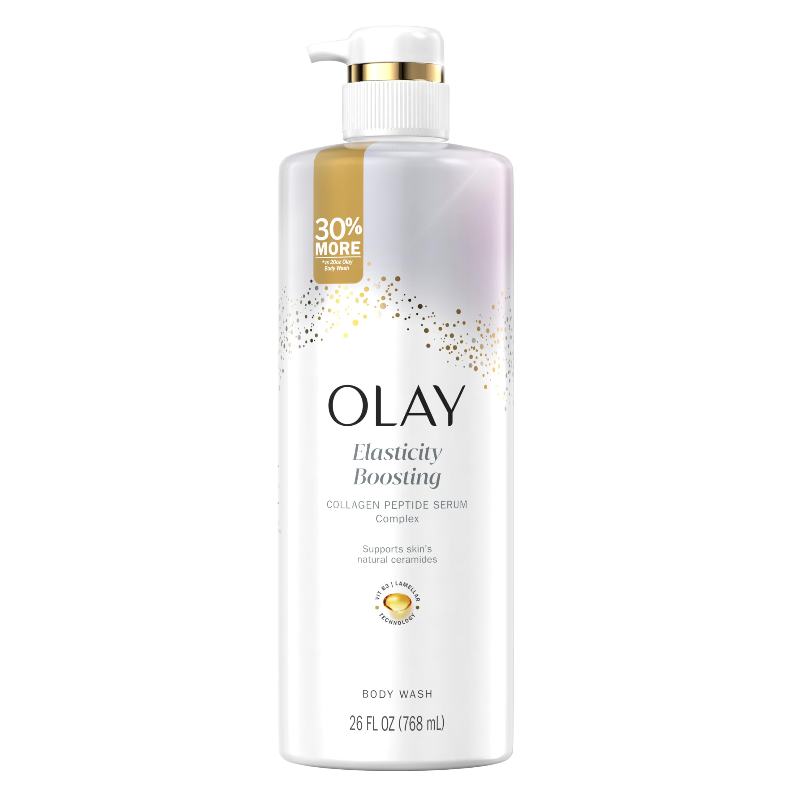 Olay Body Wash for Women hero bottle highlights elasticity and hydration.