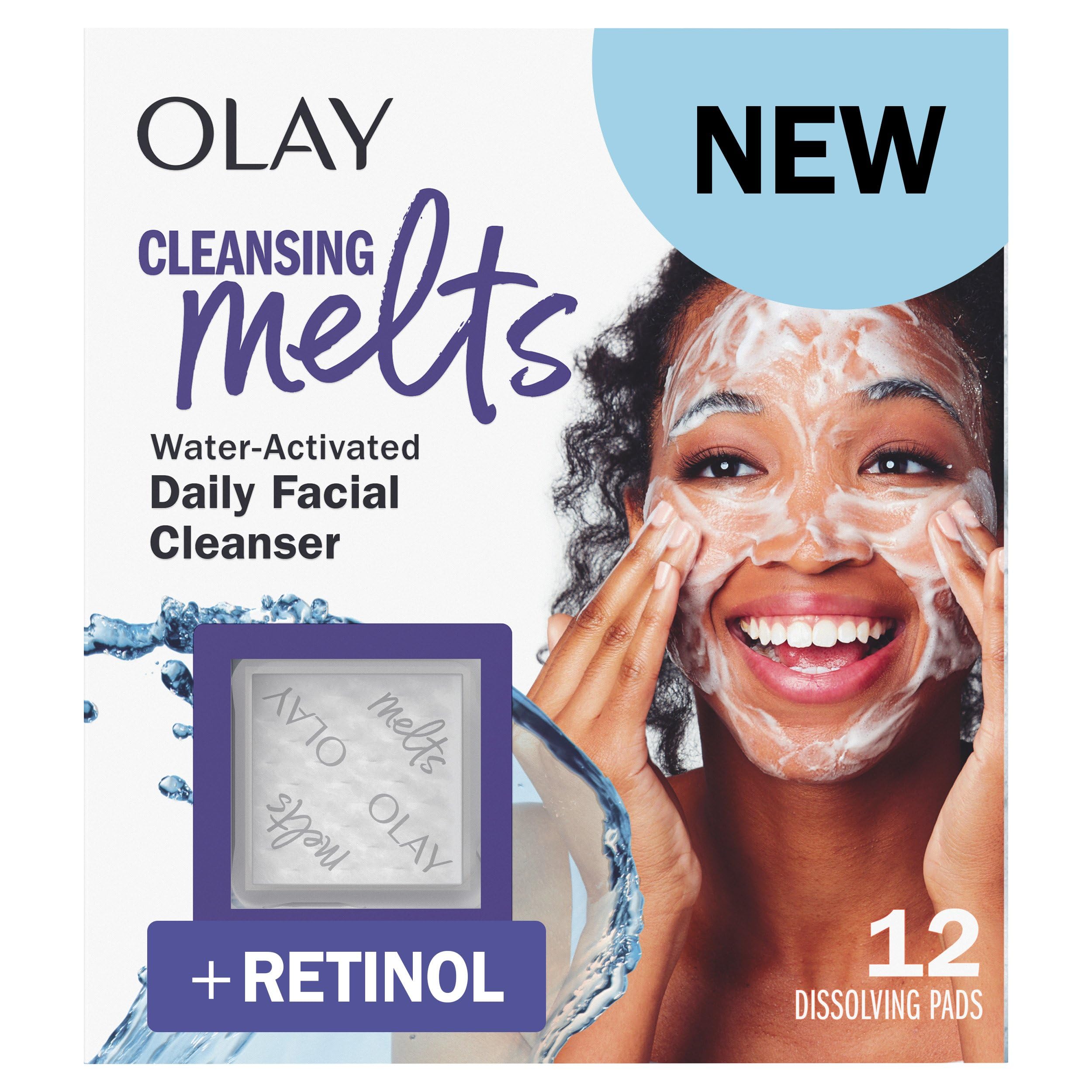 Olay Cleansing Melts pad dissolving in water to begin cleansing and lifting oils